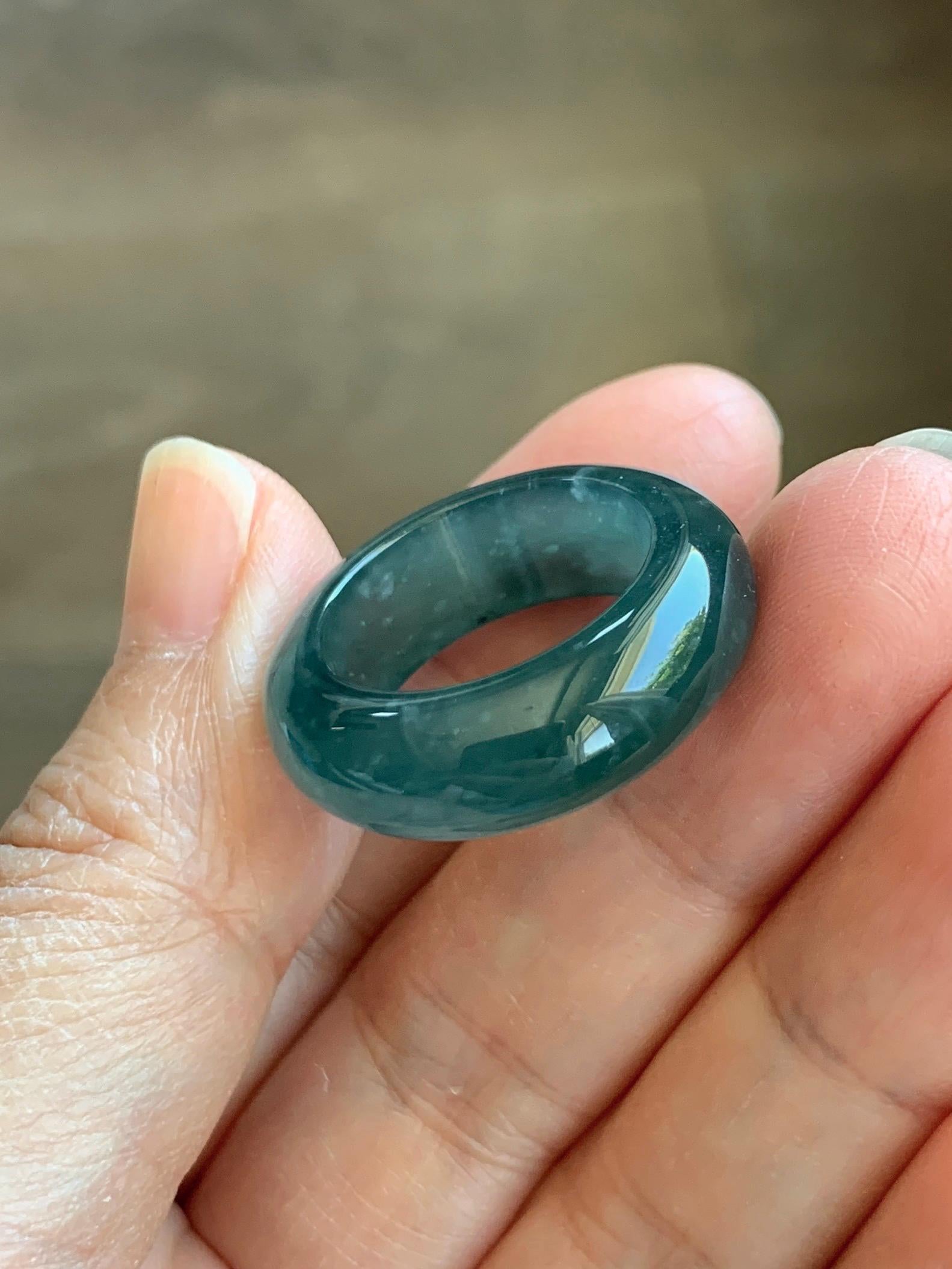 Certified Natural Grade A Guatemalan Icy Highly Translucent Dark Teal Blue Jade Jadeite Band Ring Pendant Size 7.5 US 天然冰胶危蓝绿翡翠戒圈吊坠 1154