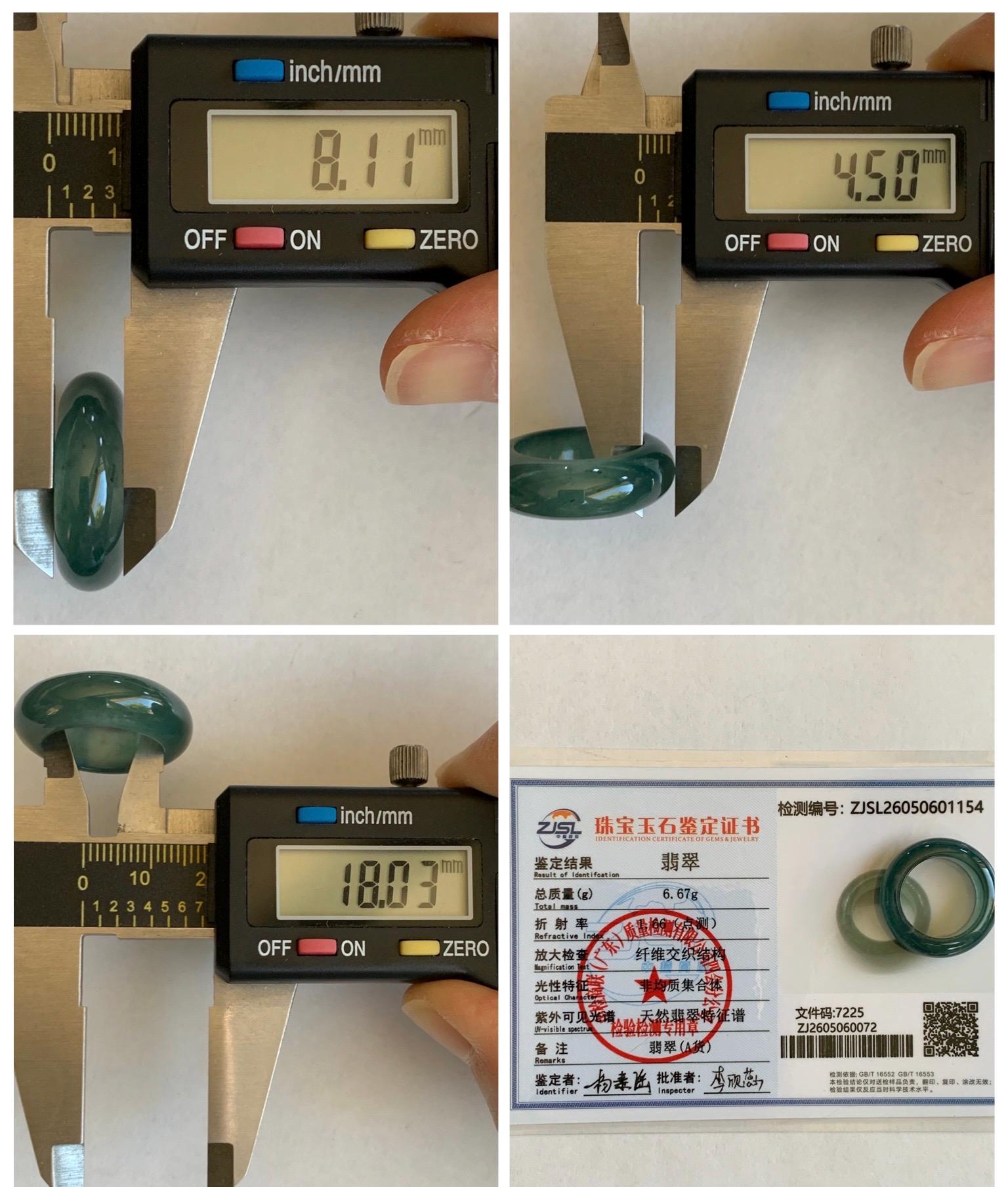 Certified Natural Grade A Guatemalan Icy Highly Translucent Dark Teal Blue Jade Jadeite Band Ring Pendant Size 7.5 US 天然冰胶危蓝绿翡翠戒圈吊坠 1154