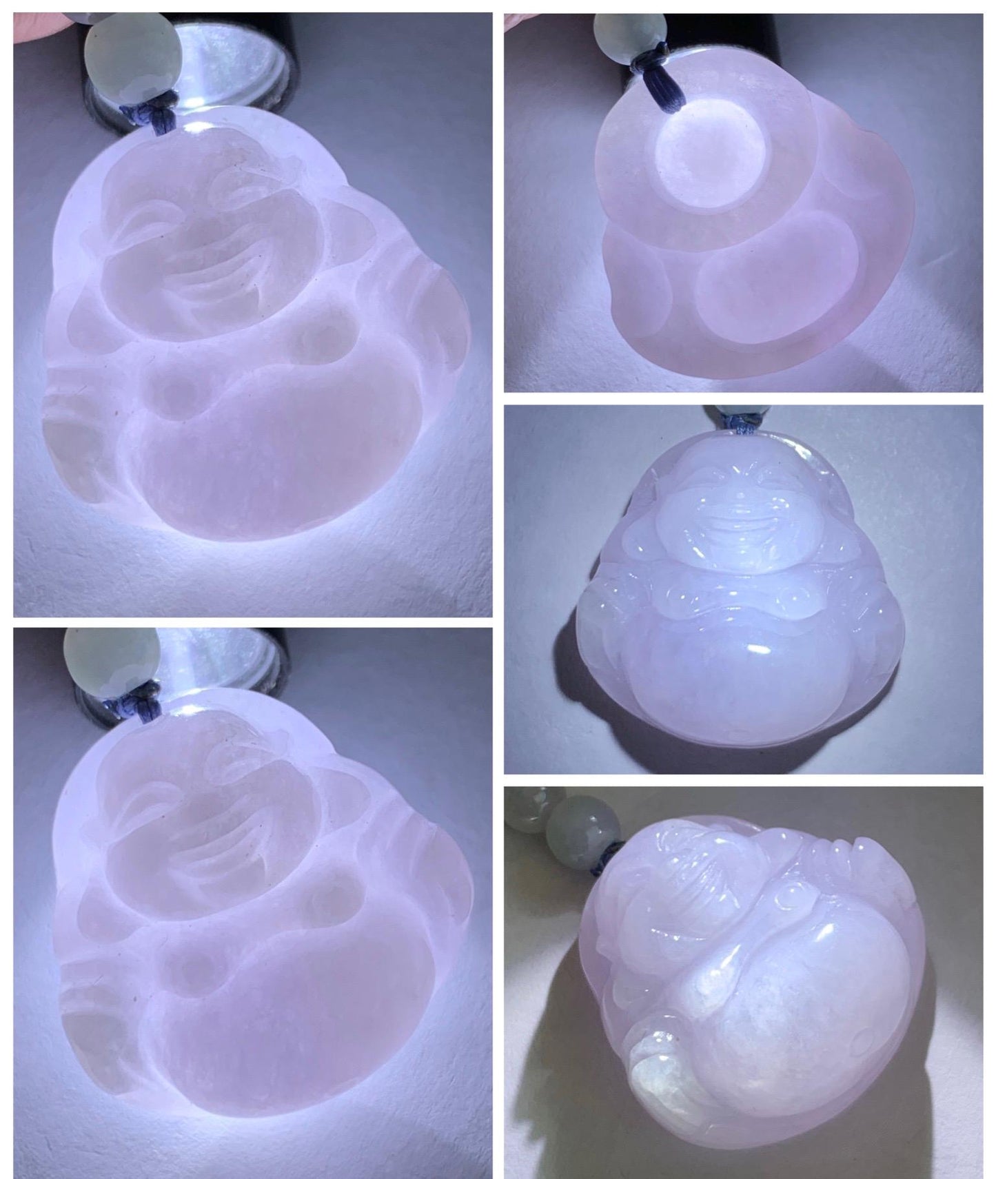 Certified Grade A Natural Icy Translucent Pastel Purple Jade Jadeite Buddha Pendant Rope Necklace 25” 天然冰淡紫底翡翠佛公吊坠项链 1164