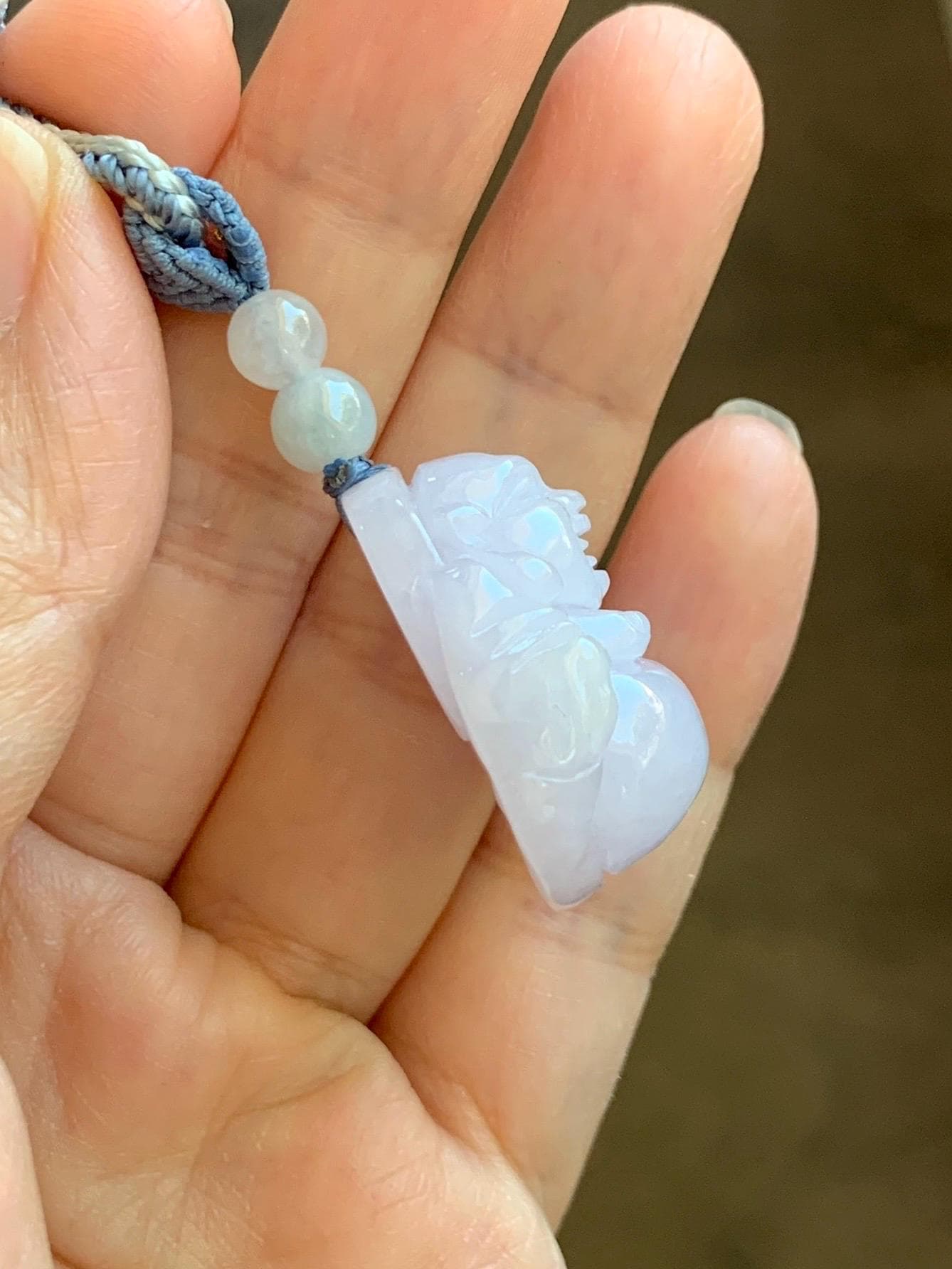 Certified Grade A Natural Icy Translucent Pastel Purple Jade Jadeite Buddha Pendant Rope Necklace 25” 天然冰淡紫底翡翠佛公吊坠项链 1164