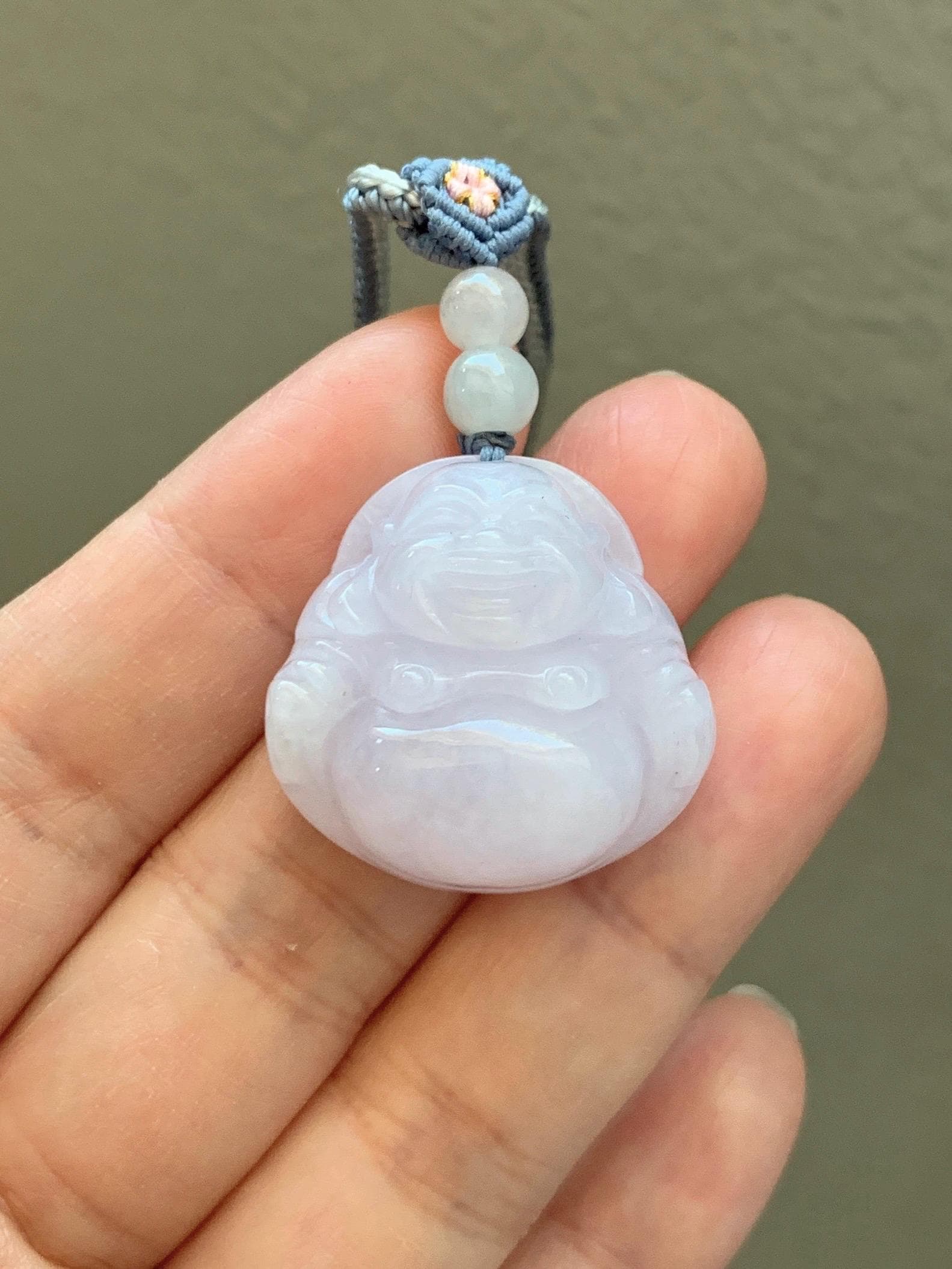 Certified Grade A Natural Icy Translucent Pastel Purple Jade Jadeite Buddha Pendant Rope Necklace 25” 天然冰淡紫底翡翠佛公吊坠项链 1164