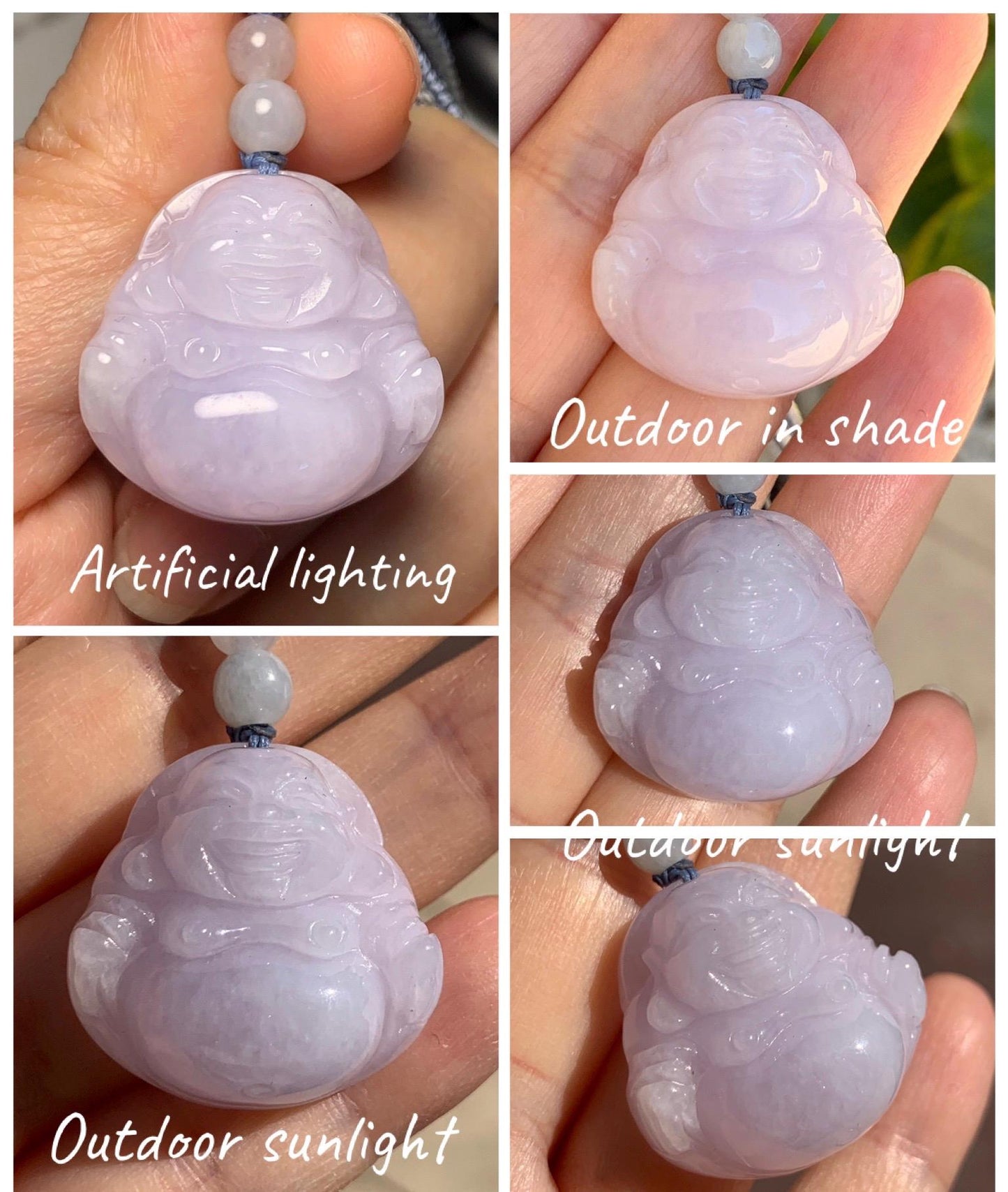 Certified Grade A Natural Icy Translucent Pastel Purple Jade Jadeite Buddha Pendant Rope Necklace 25” 天然冰淡紫底翡翠佛公吊坠项链 1164