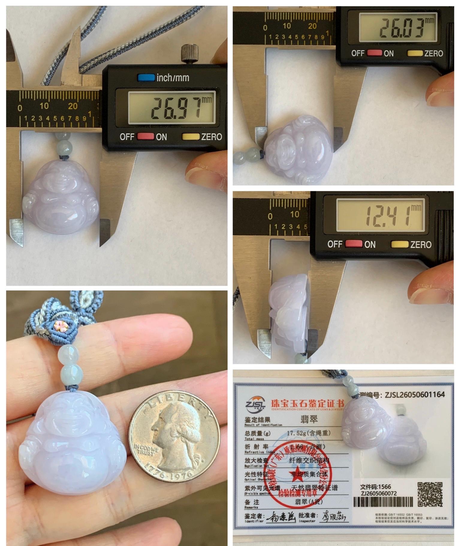 Certified Grade A Natural Icy Translucent Pastel Purple Jade Jadeite Buddha Pendant Rope Necklace 25” 天然冰淡紫底翡翠佛公吊坠项链 1164