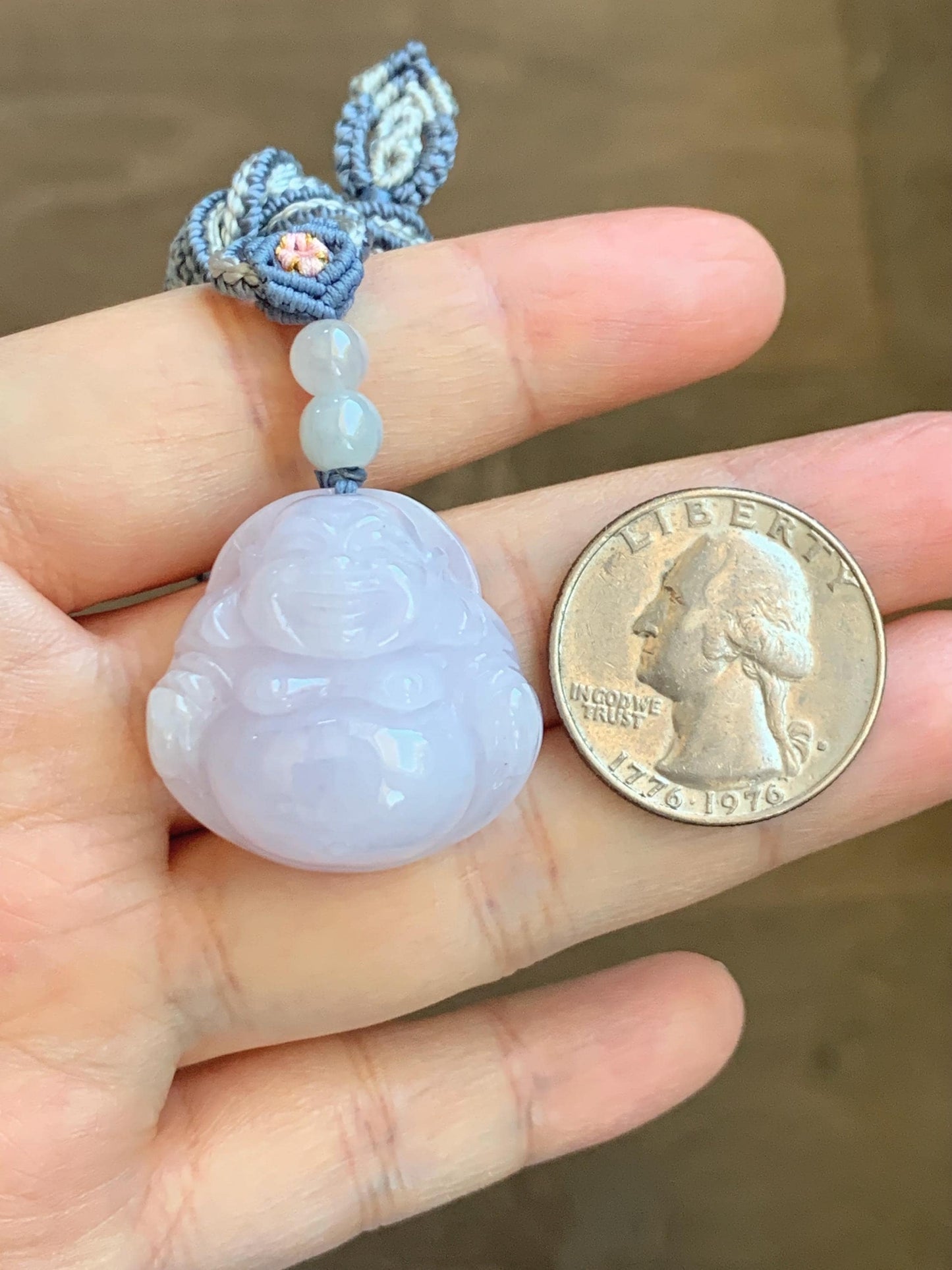 Certified Grade A Natural Icy Translucent Pastel Purple Jade Jadeite Buddha Pendant Rope Necklace 25” 天然冰淡紫底翡翠佛公吊坠项链 1164