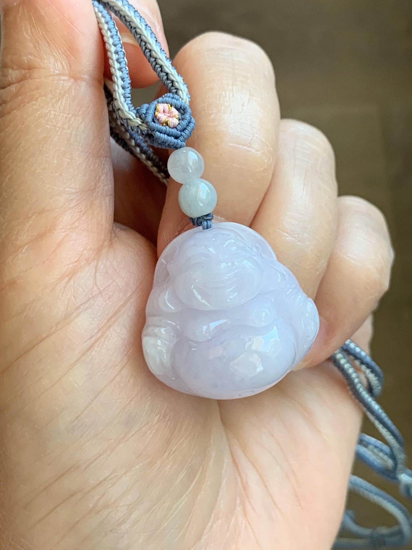 Certified Grade A Natural Icy Translucent Pastel Purple Jade Jadeite Buddha Pendant Rope Necklace 25” 天然冰淡紫底翡翠佛公吊坠项链 1164