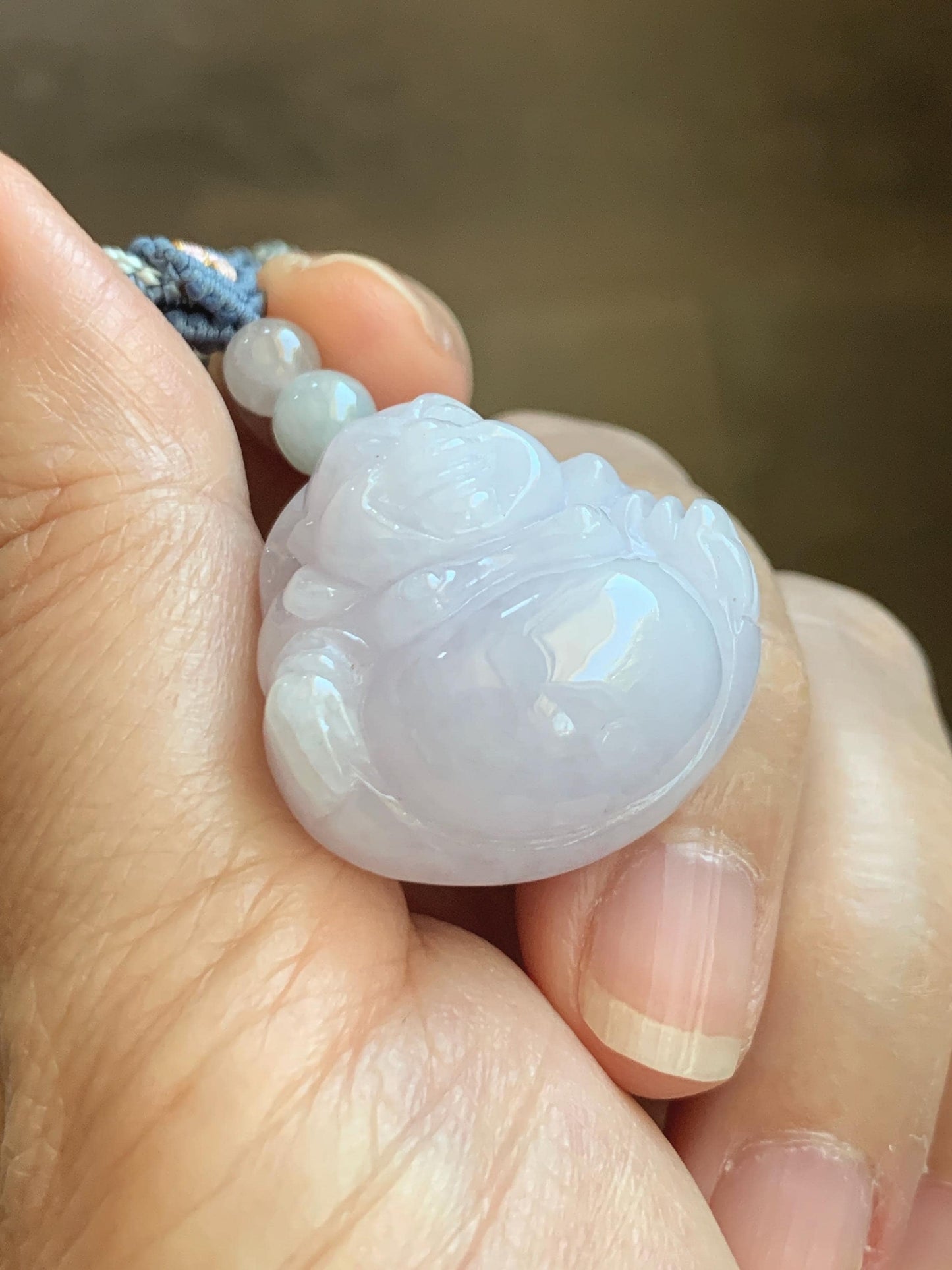 Certified Grade A Natural Icy Translucent Pastel Purple Jade Jadeite Buddha Pendant Rope Necklace 25” 天然冰淡紫底翡翠佛公吊坠项链 1164