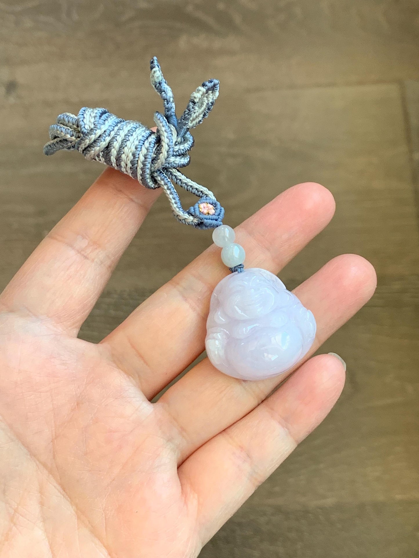 Certified Grade A Natural Icy Translucent Pastel Purple Jade Jadeite Buddha Pendant Rope Necklace 25” 天然冰淡紫底翡翠佛公吊坠项链 1164