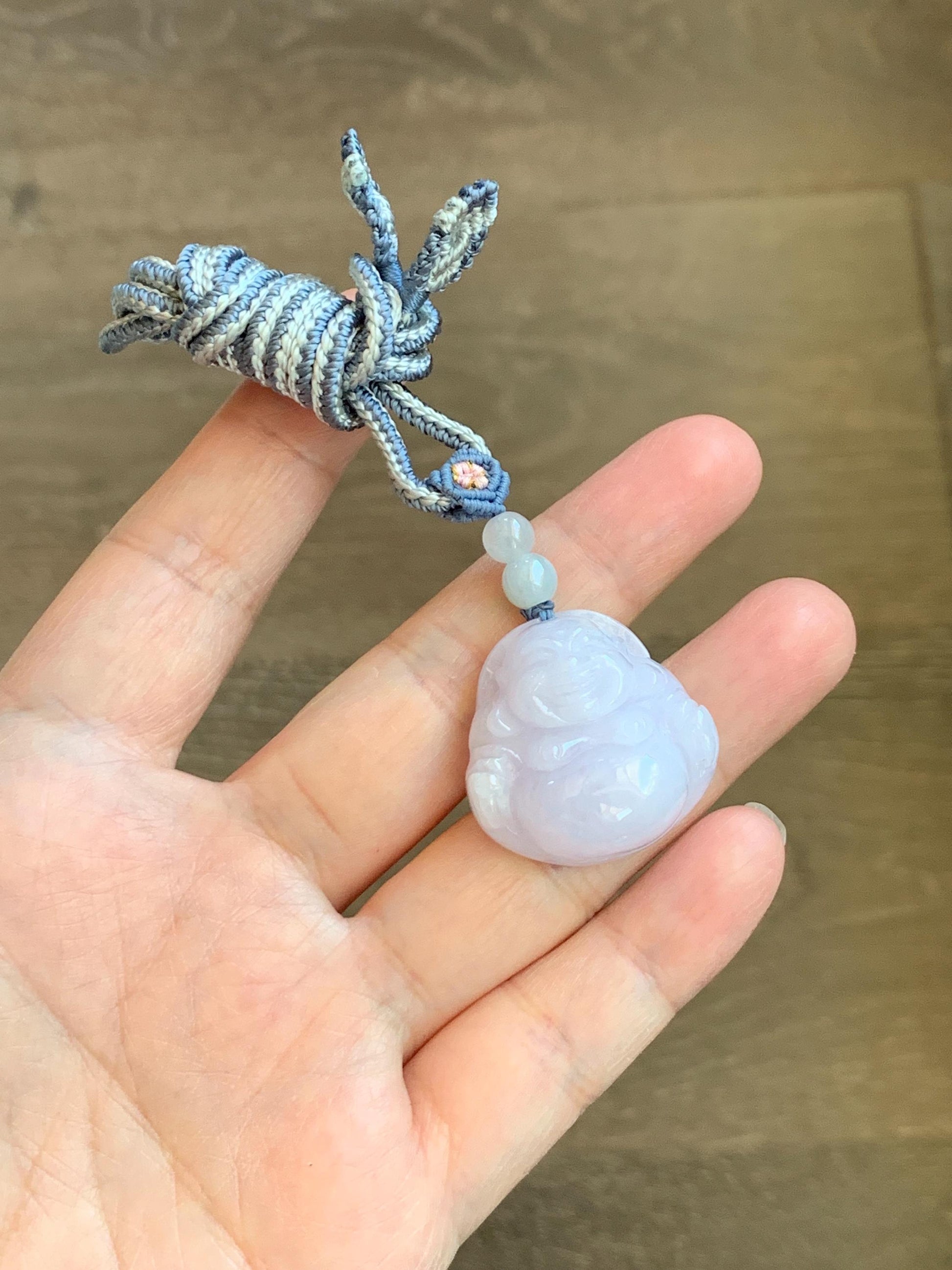 Certified Grade A Natural Icy Translucent Pastel Purple Jade Jadeite Buddha Pendant Rope Necklace 25” 天然冰淡紫底翡翠佛公吊坠项链 1164