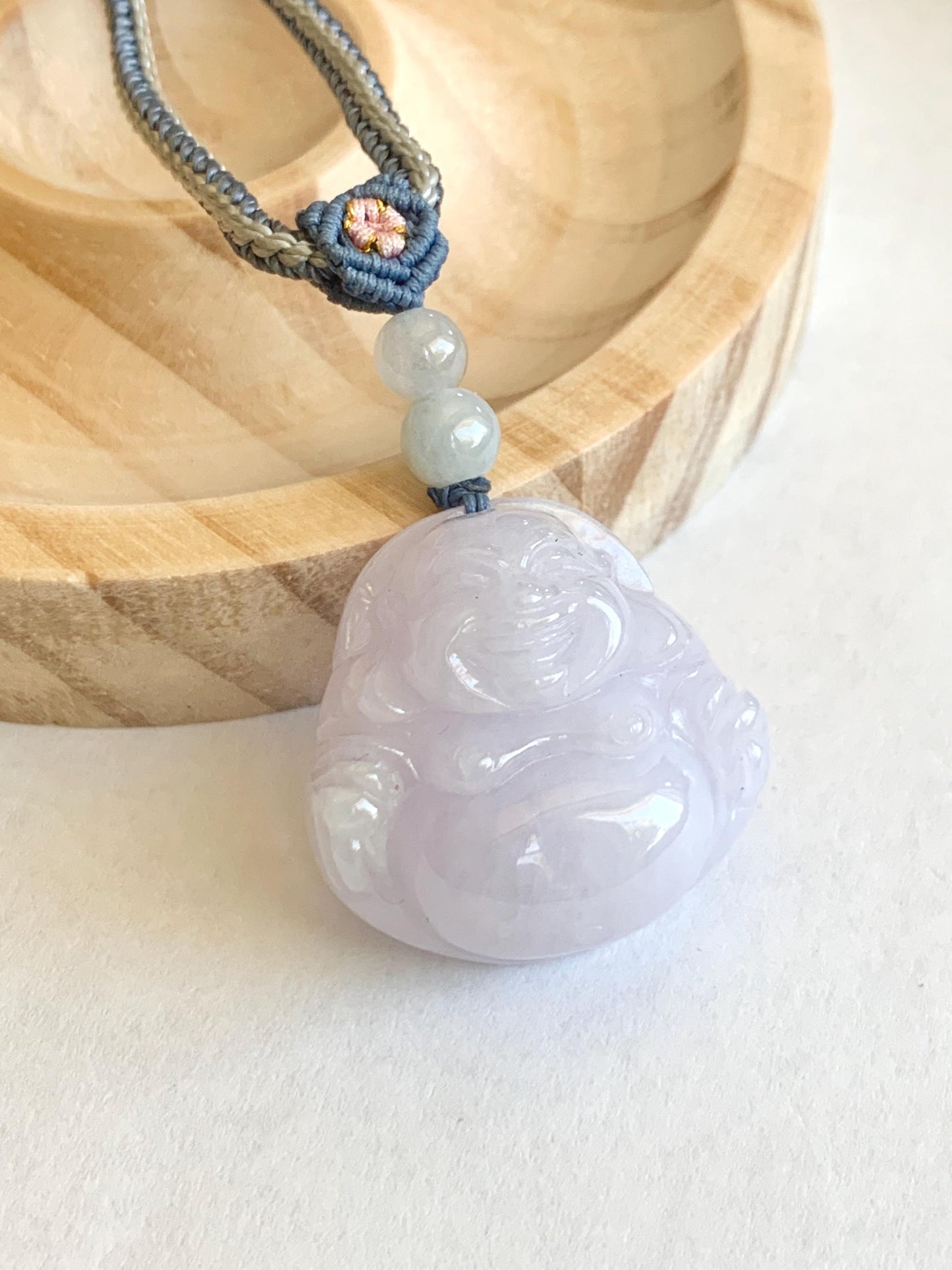 Certified Grade A Natural Icy Translucent Pastel Purple Jade Jadeite Buddha Pendant Rope Necklace 25” 天然冰淡紫底翡翠佛公吊坠项链 1164