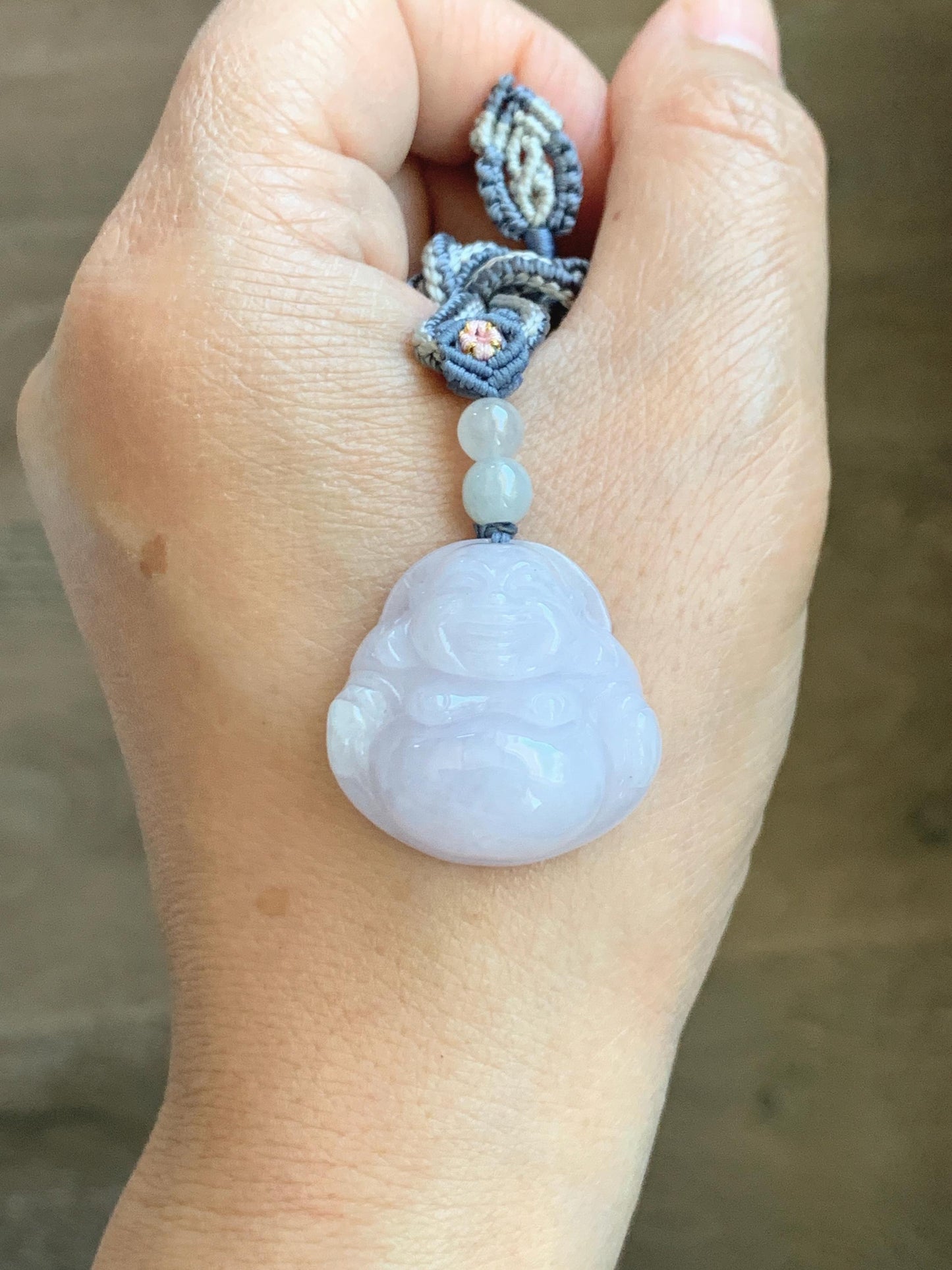 Certified Grade A Natural Icy Translucent Pastel Purple Jade Jadeite Buddha Pendant Rope Necklace 25” 天然冰淡紫底翡翠佛公吊坠项链 1164