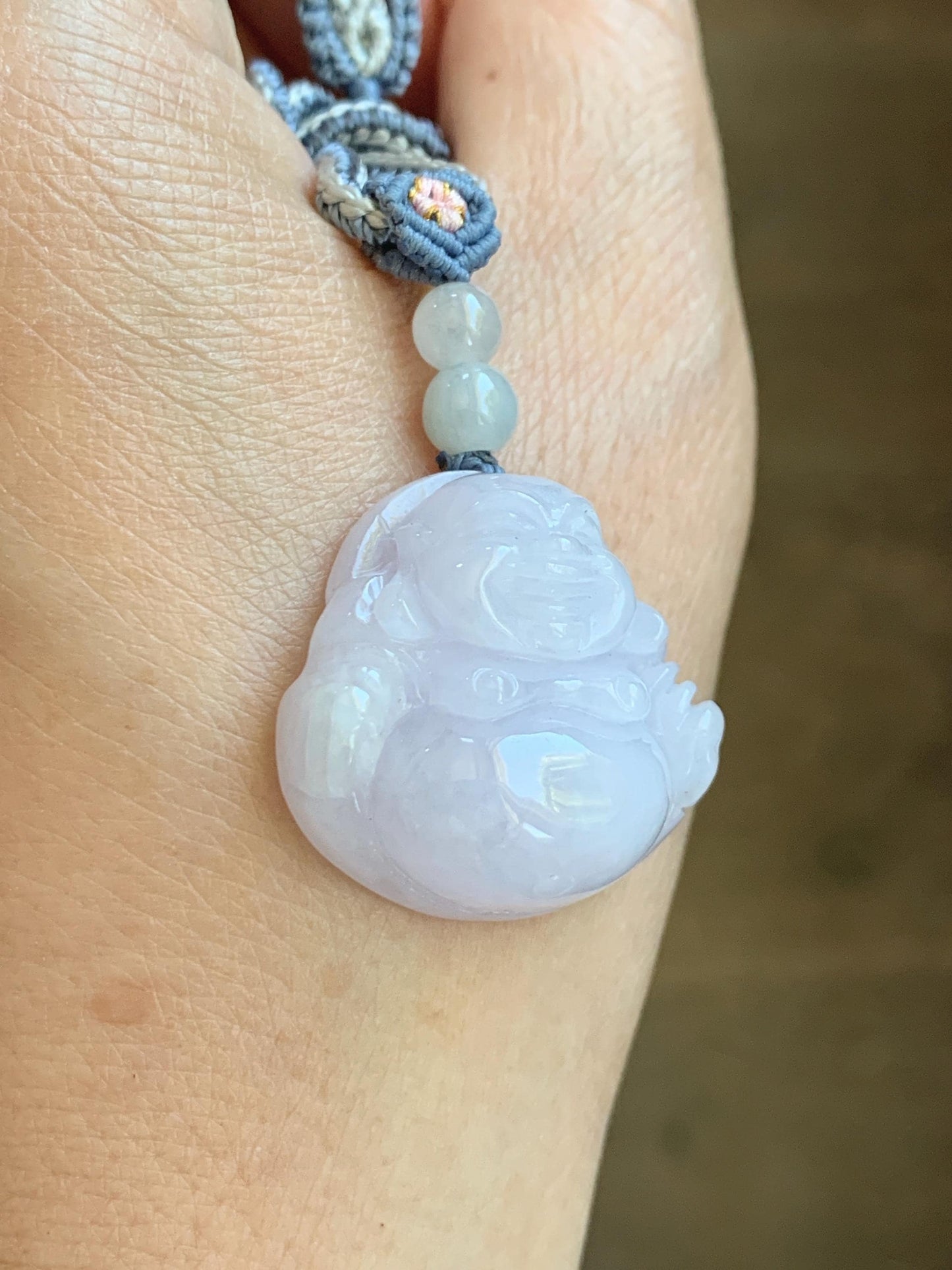 Certified Grade A Natural Icy Translucent Pastel Purple Jade Jadeite Buddha Pendant Rope Necklace 25” 天然冰淡紫底翡翠佛公吊坠项链 1164