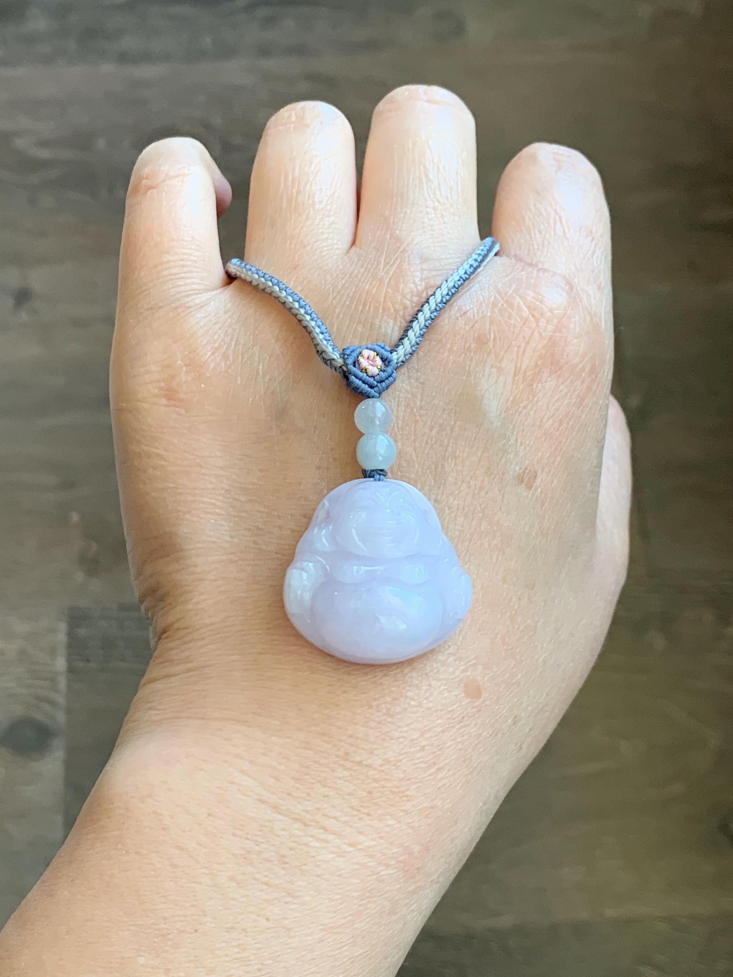 Certified Grade A Natural Icy Translucent Pastel Purple Jade Jadeite Buddha Pendant Rope Necklace 25” 天然冰淡紫底翡翠佛公吊坠项链 1164