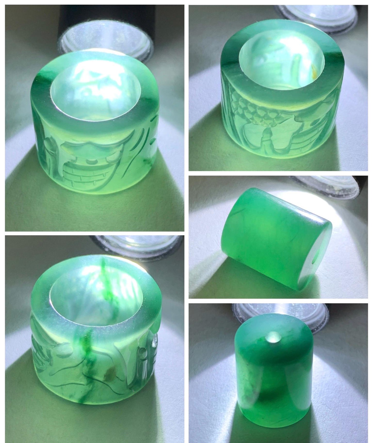 Natural Grade A Guatemalan Icy Translucent Dark Teal Blue Jade Jadeite Carved Shan Shui Band Ring Pendant & Barrel Bead 天然冰危深蓝绿翡翠山水戒圈WSX160A