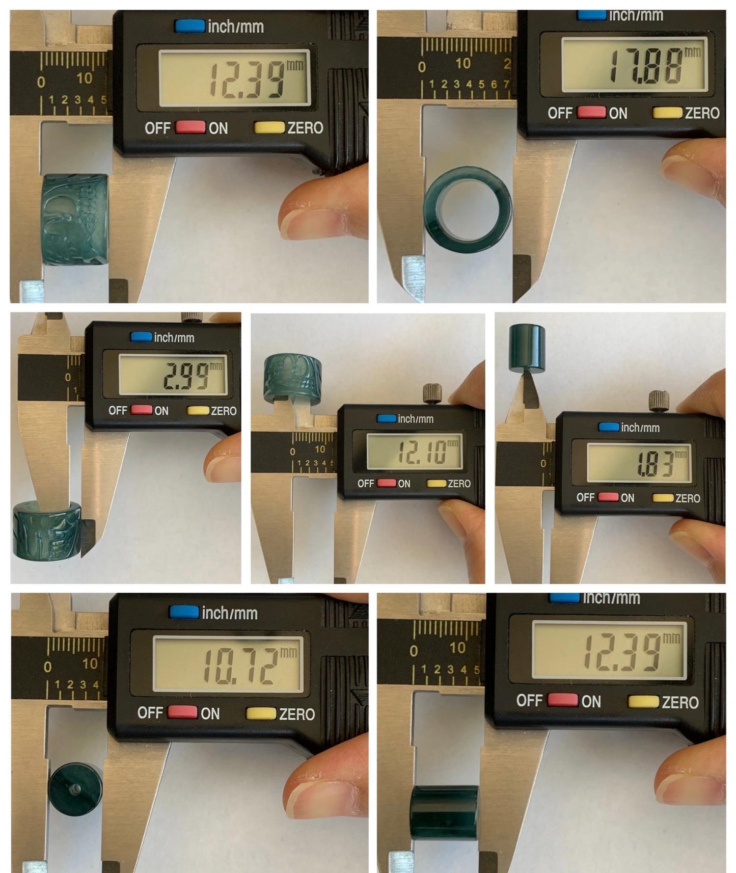 Natural Grade A Guatemalan Icy Translucent Dark Teal Blue Jade Jadeite Carved Shan Shui Band Ring Pendant & Barrel Bead 天然冰危深蓝绿翡翠山水戒圈WSX160A