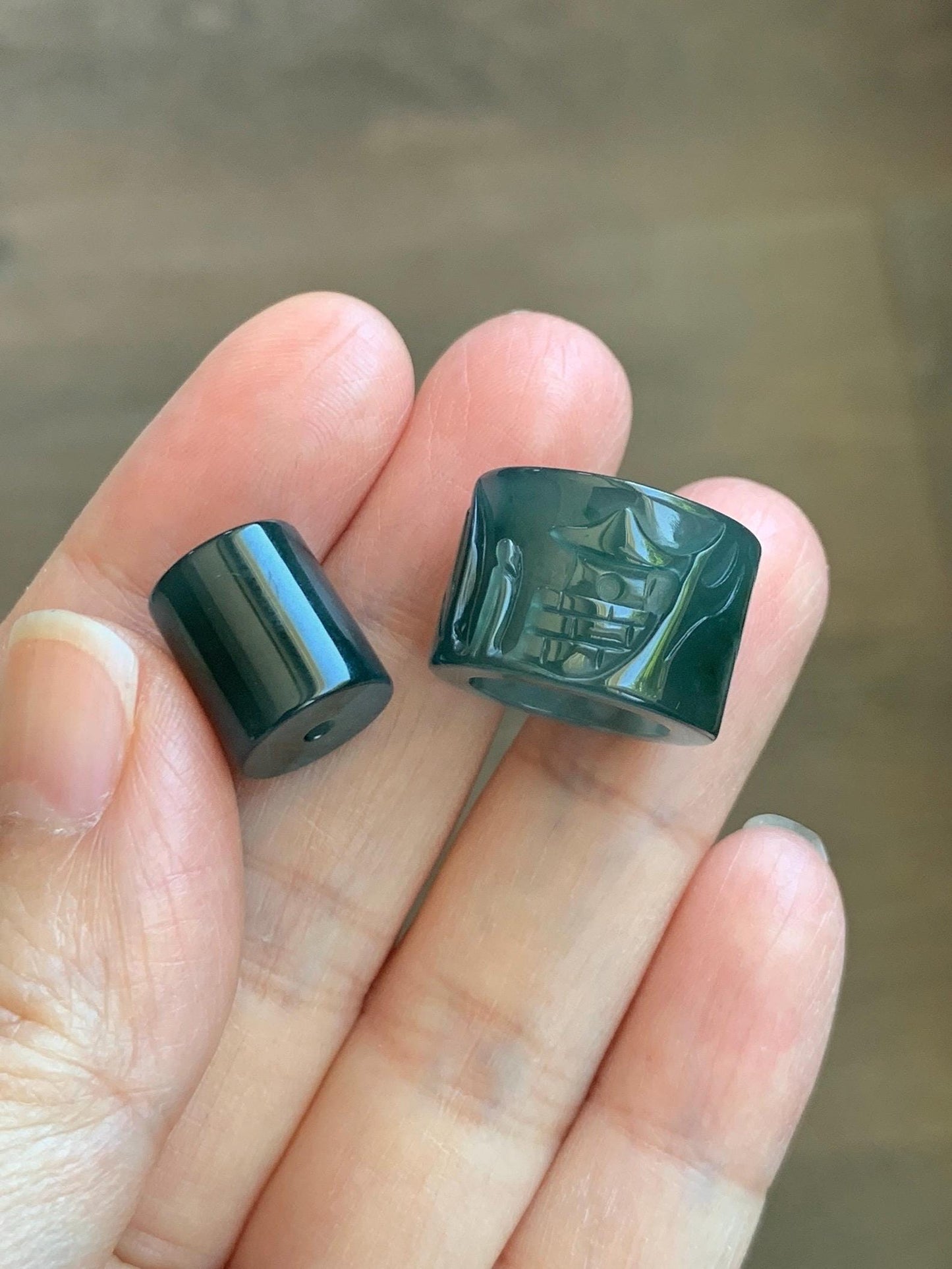 Natural Grade A Guatemalan Icy Translucent Dark Teal Blue Jade Jadeite Carved Shan Shui Band Ring Pendant & Barrel Bead 天然冰危深蓝绿翡翠山水戒圈WSX160A