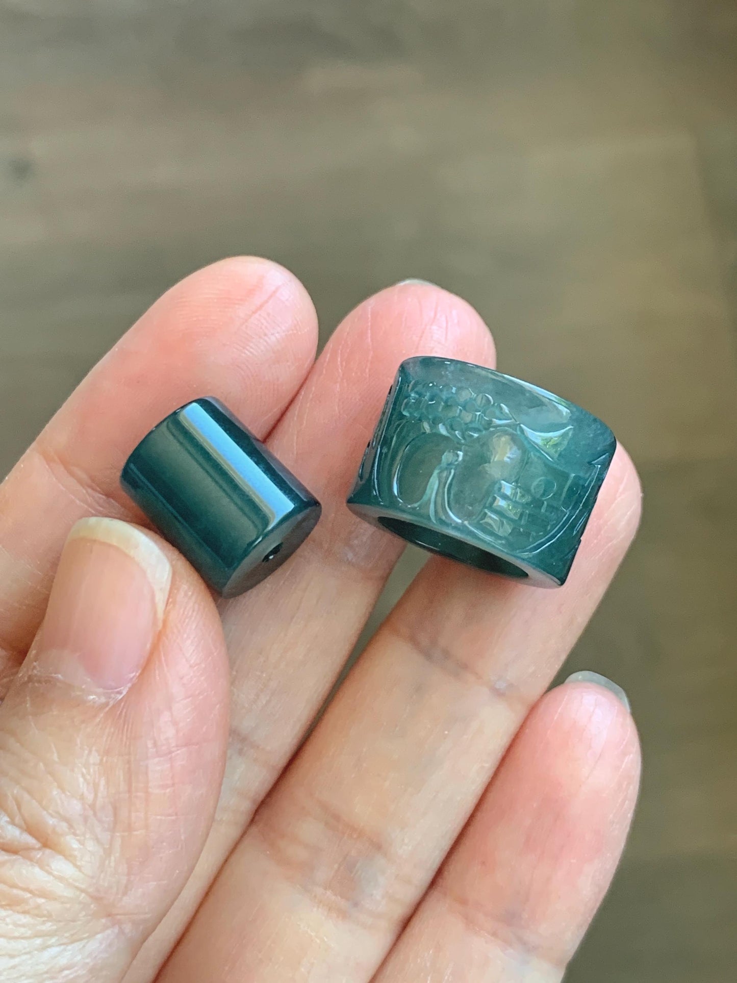 Natural Grade A Guatemalan Icy Translucent Dark Teal Blue Jade Jadeite Carved Shan Shui Band Ring Pendant & Barrel Bead 天然冰危深蓝绿翡翠山水戒圈WSX160A