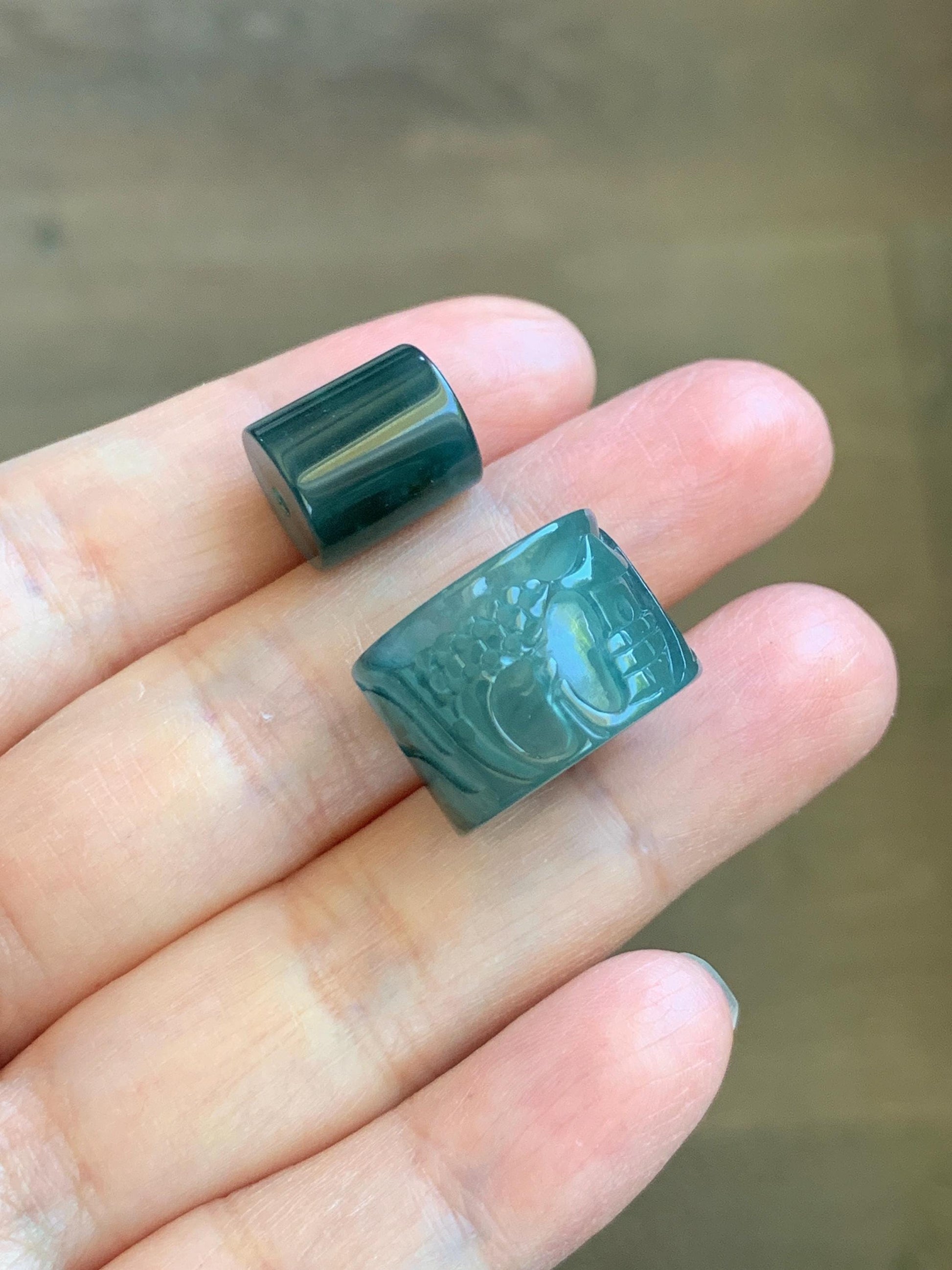 Natural Grade A Guatemalan Icy Translucent Dark Teal Blue Jade Jadeite Carved Shan Shui Band Ring Pendant & Barrel Bead 天然冰危深蓝绿翡翠山水戒圈WSX160A