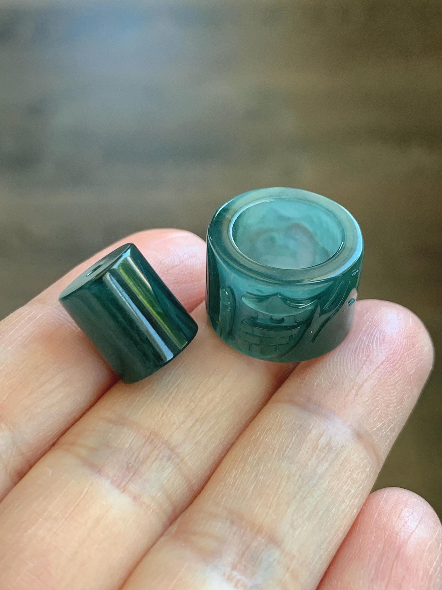 Natural Grade A Guatemalan Icy Translucent Dark Teal Blue Jade Jadeite Carved Shan Shui Band Ring Pendant & Barrel Bead 天然冰危深蓝绿翡翠山水戒圈WSX160A