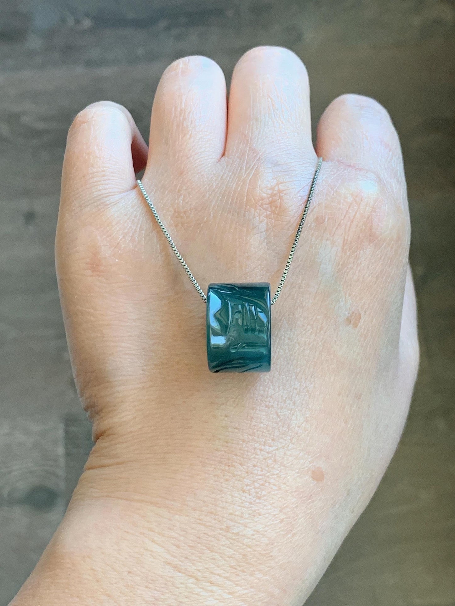 Natural Grade A Guatemalan Icy Translucent Dark Teal Blue Jade Jadeite Carved Shan Shui Band Ring Pendant & Barrel Bead 天然冰危深蓝绿翡翠山水戒圈WSX160A