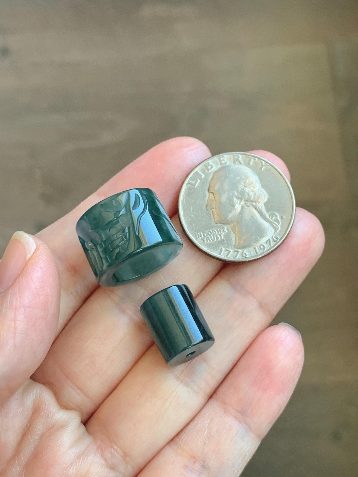 Natural Grade A Guatemalan Icy Translucent Dark Teal Blue Jade Jadeite Carved Shan Shui Band Ring Pendant & Barrel Bead 天然冰危深蓝绿翡翠山水戒圈WSX160A