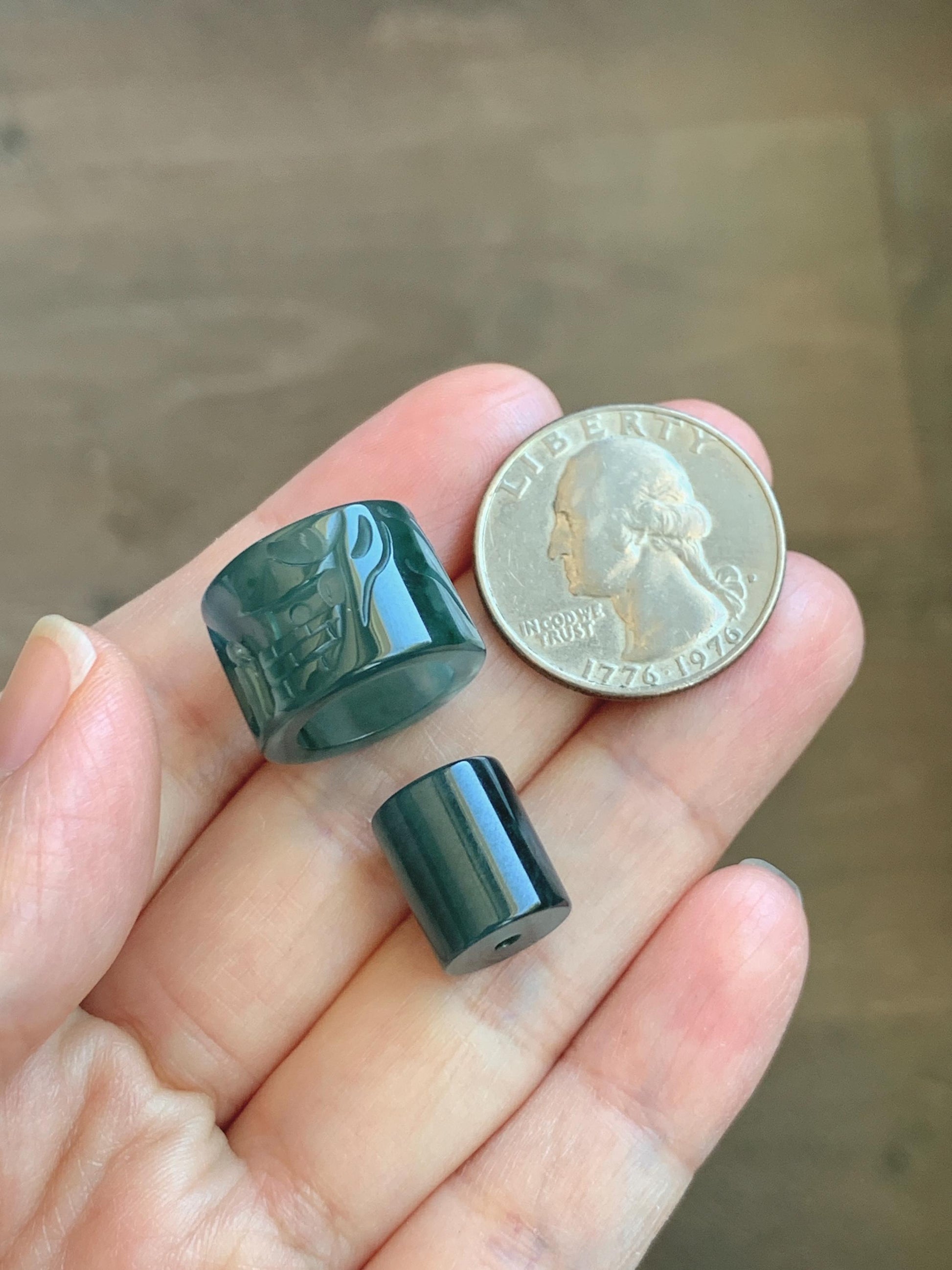 Natural Grade A Guatemalan Icy Translucent Dark Teal Blue Jade Jadeite Carved Shan Shui Band Ring Pendant & Barrel Bead 天然冰危深蓝绿翡翠山水戒圈WSX160A