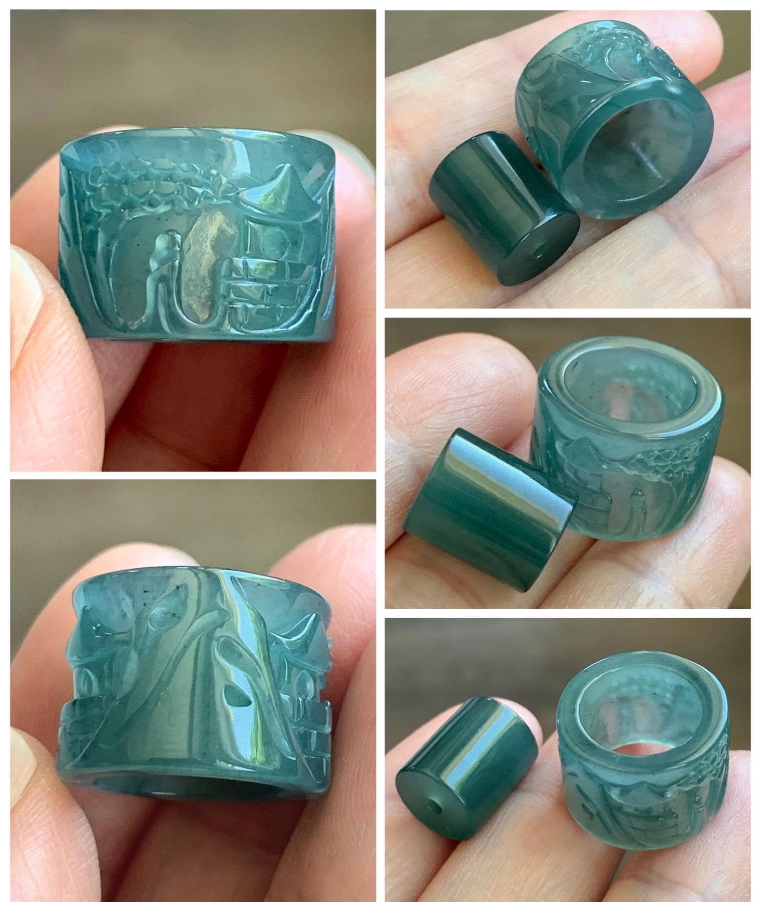 Natural Grade A Guatemalan Icy Translucent Dark Teal Blue Jade Jadeite Carved Shan Shui Band Ring Pendant & Barrel Bead 天然冰危深蓝绿翡翠山水戒圈WSX160B