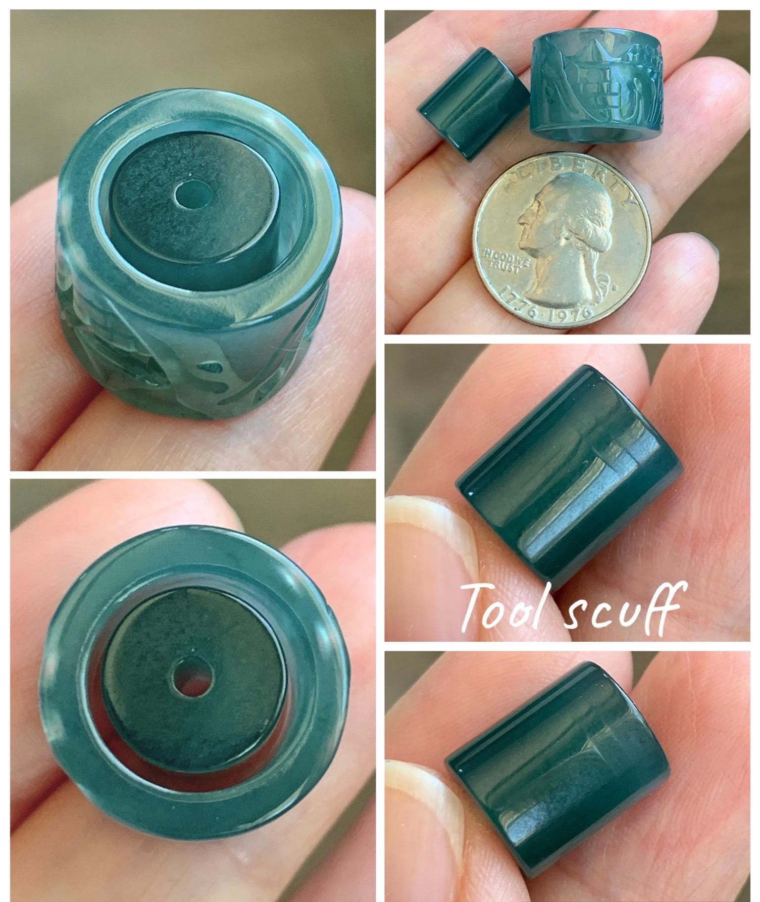 Natural Grade A Guatemalan Icy Translucent Dark Teal Blue Jade Jadeite Carved Shan Shui Band Ring Pendant & Barrel Bead 天然冰危深蓝绿翡翠山水戒圈WSX160B