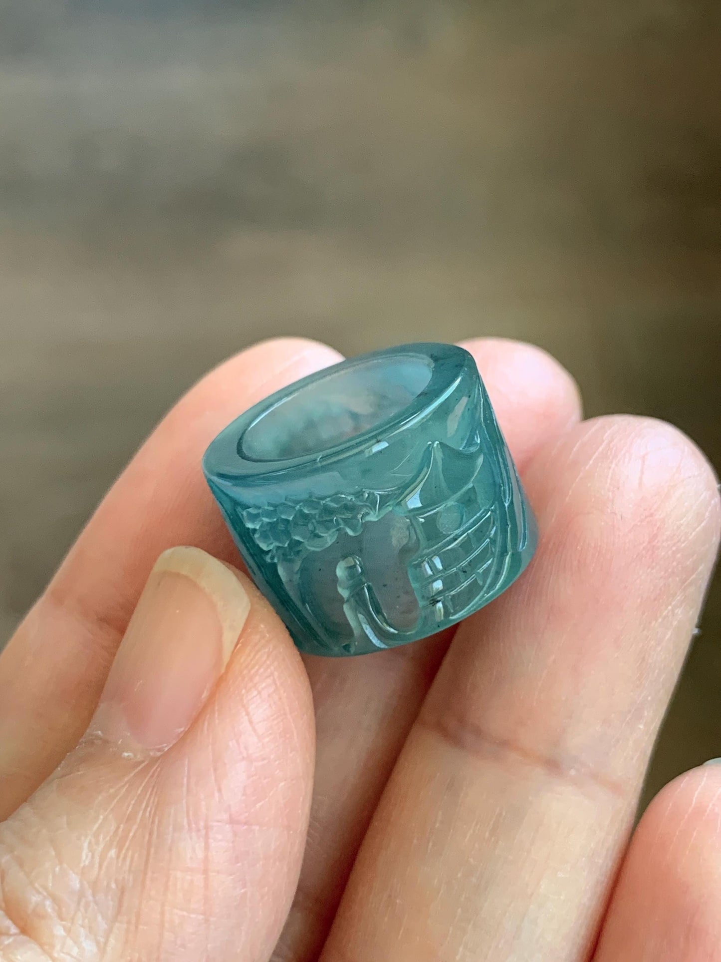 Natural Grade A Guatemalan Icy Translucent Dark Teal Blue Jade Jadeite Carved Shan Shui Band Ring Pendant & Barrel Bead 天然冰危深蓝绿翡翠山水戒圈WSX160B