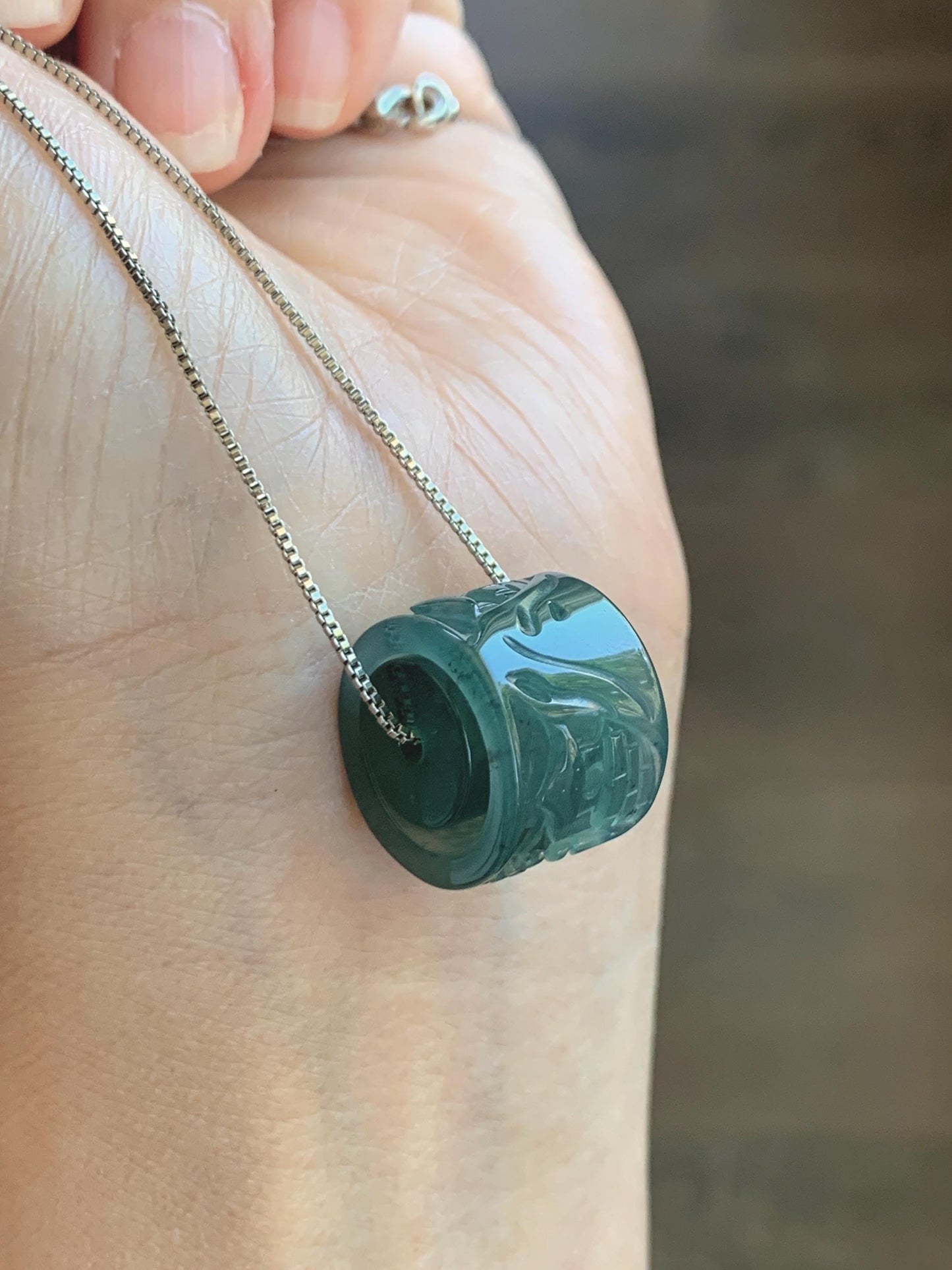 Natural Grade A Guatemalan Icy Translucent Dark Teal Blue Jade Jadeite Carved Shan Shui Band Ring Pendant & Barrel Bead 天然冰危深蓝绿翡翠山水戒圈WSX160B