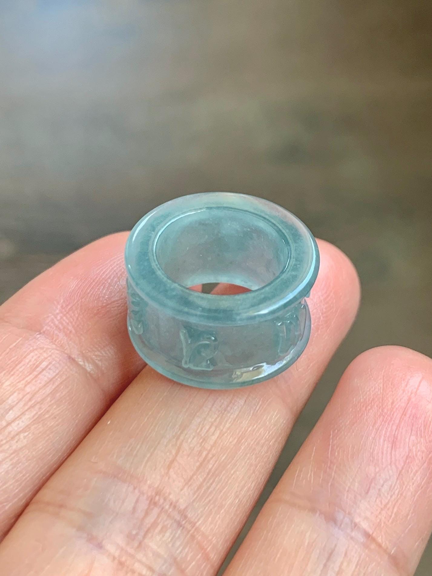 Natural Grade A Guatemalan Icy Translucent Dusty Blue Jade Jadeite Six Word Mantra Band Ring Pendant & Barrel Bead 天然冰危浅蓝翡翠六字戒桶珠 WLZ160A