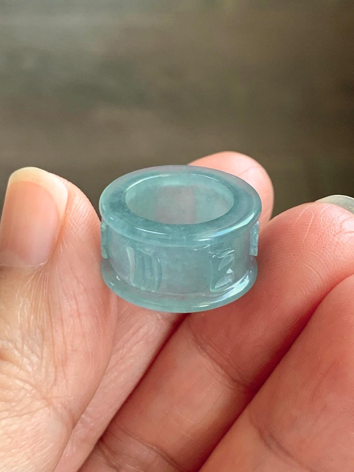 Natural Grade A Guatemalan Icy Translucent Dusty Blue Jade Jadeite Six Word Mantra Band Ring Pendant & Barrel Bead 天然冰危浅蓝翡翠六字戒桶珠 WLZ160A