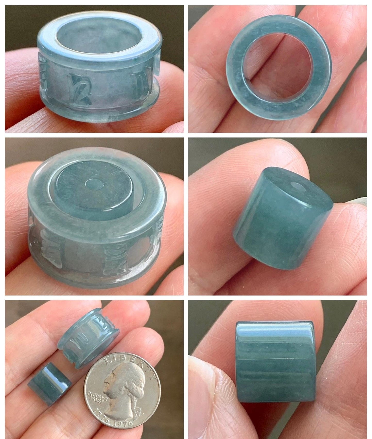 Natural Grade A Guatemalan Icy Translucent Dusty Blue Jade Jadeite Six Word Mantra Band Ring Pendant & Barrel Bead 天然冰危浅蓝翡翠六字戒桶珠 WLZ160A
