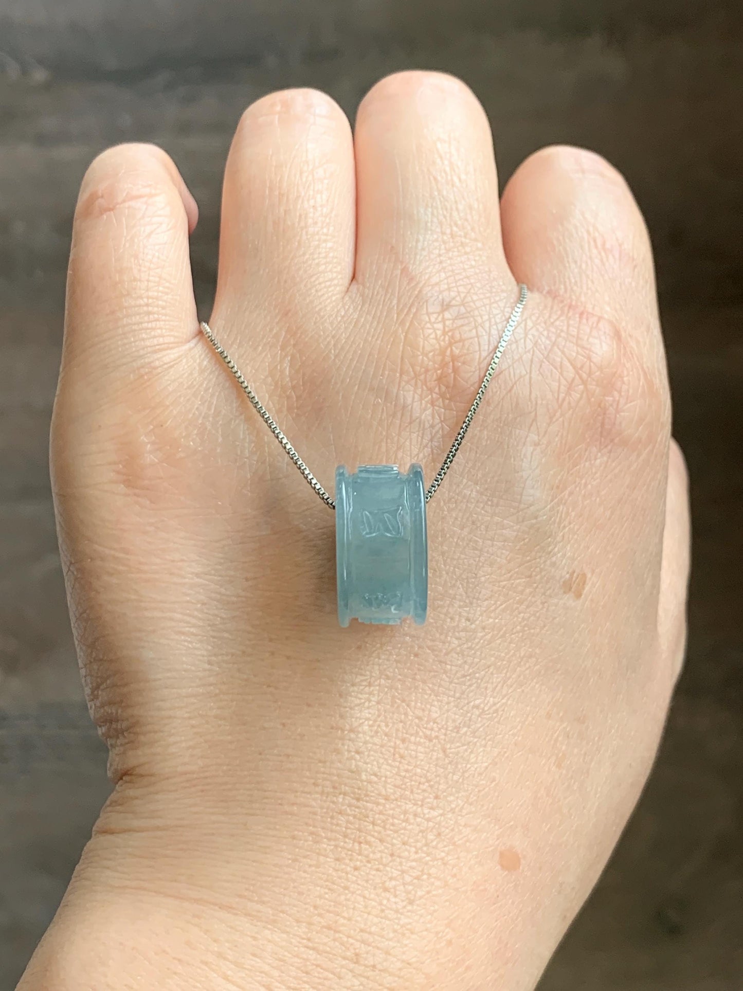 Natural Grade A Guatemalan Icy Translucent Dusty Blue Jade Jadeite Six Word Mantra Band Ring Pendant & Barrel Bead 天然冰危浅蓝翡翠六字戒桶珠 WLZ160A