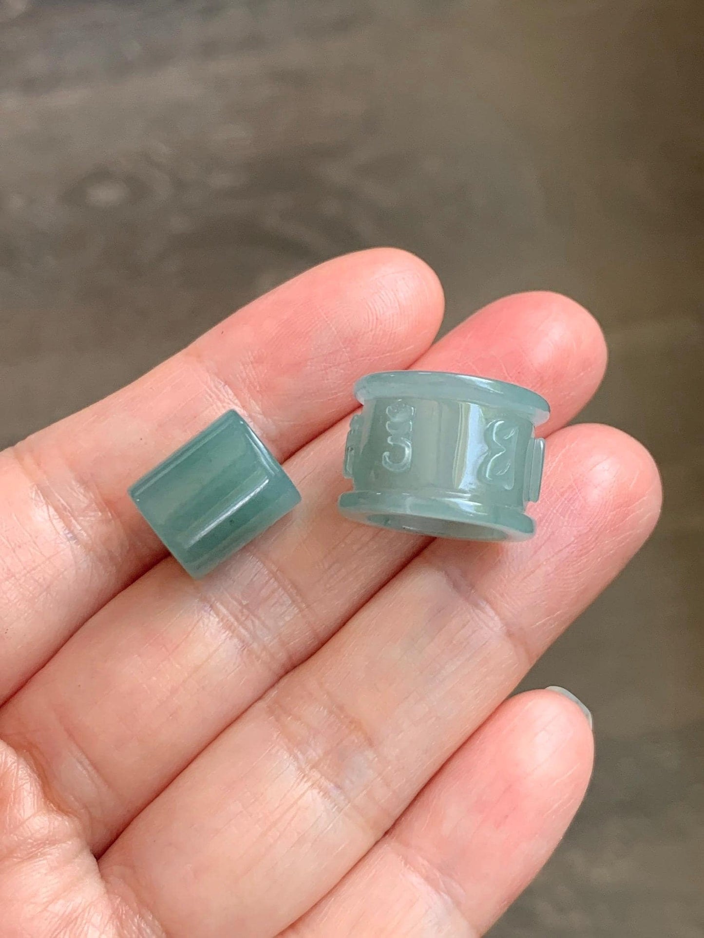 Natural Grade A Guatemalan Icy Translucent Light Teal Jade Jadeite Six Word Mantra Band Ring Pendant & Barrel Bead 天然冰危浅蓝绿翡翠六字戒桶珠 WLZ160B