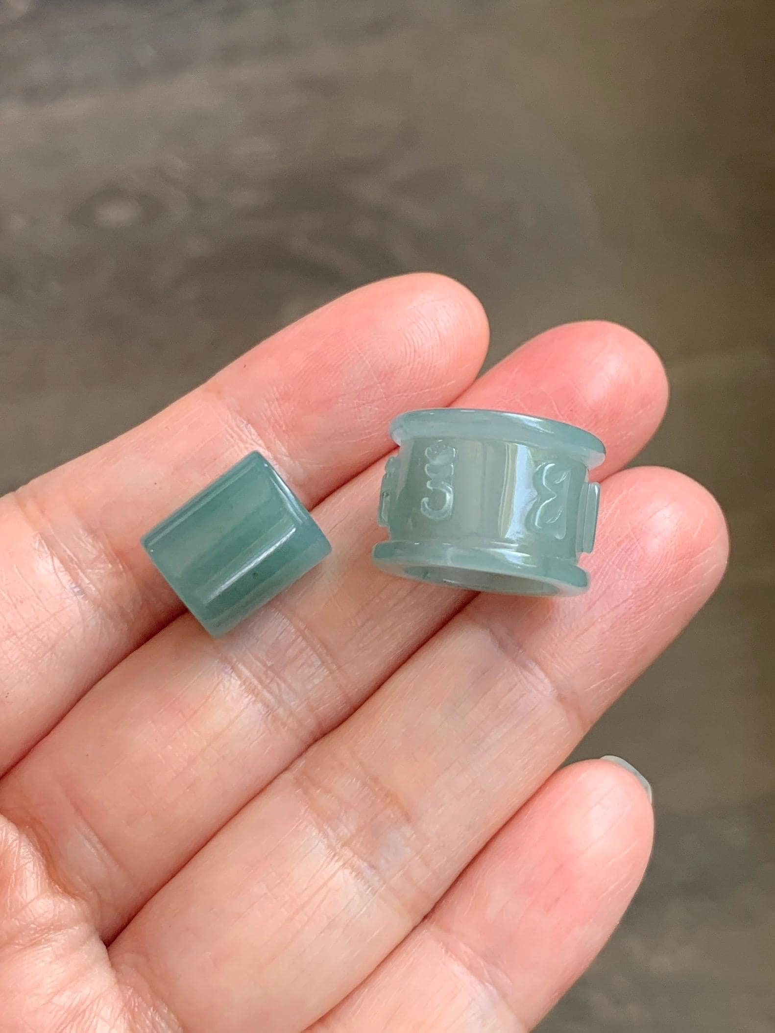 Natural Grade A Guatemalan Icy Translucent Light Teal Jade Jadeite Six Word Mantra Band Ring Pendant & Barrel Bead 天然冰危浅蓝绿翡翠六字戒桶珠 WLZ160B
