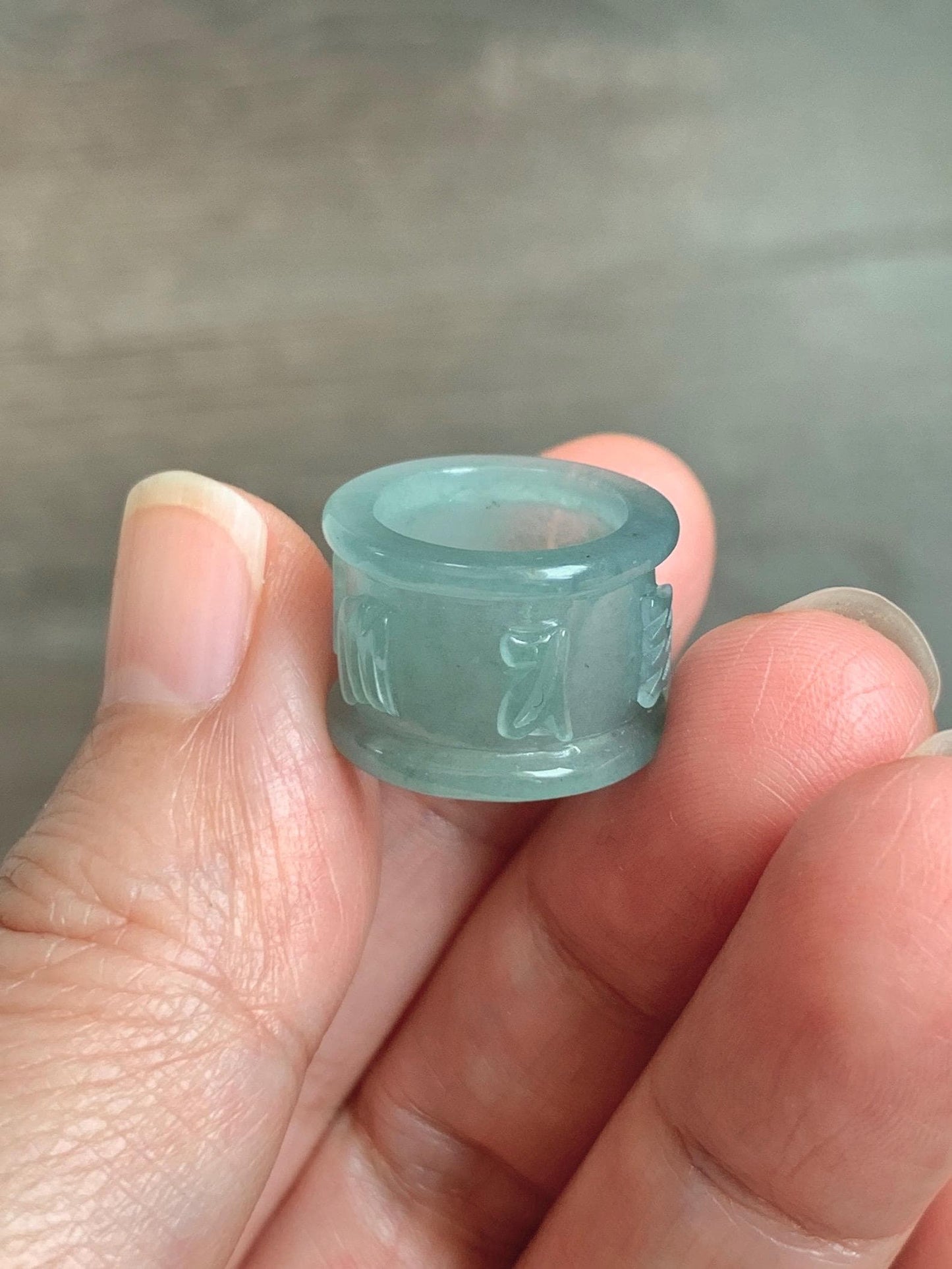 Natural Grade A Guatemalan Icy Translucent Light Teal Jade Jadeite Six Word Mantra Band Ring Pendant & Barrel Bead 天然冰危浅蓝绿翡翠六字戒桶珠 WLZ160B