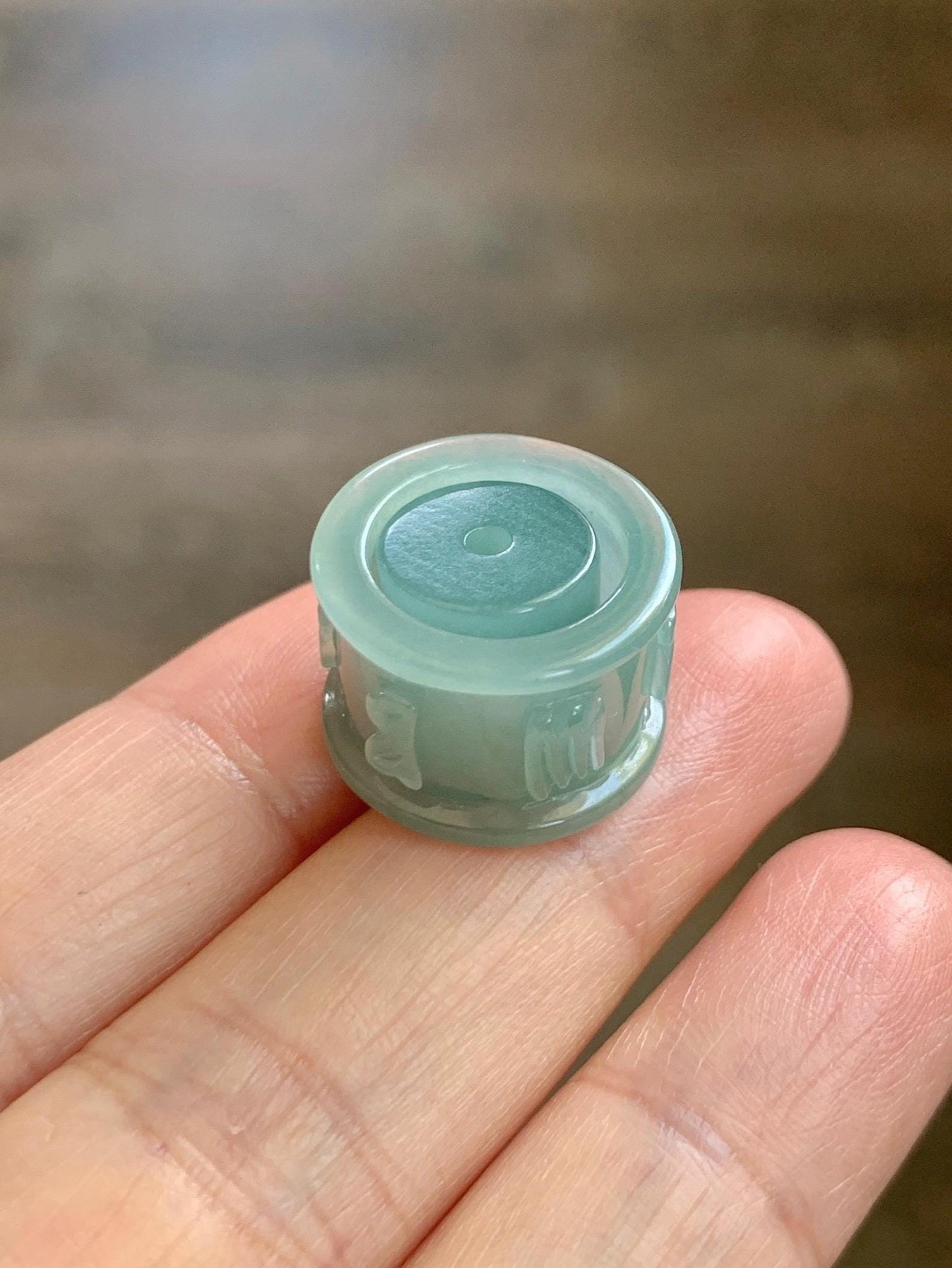 Natural Grade A Guatemalan Icy Translucent Light Teal Jade Jadeite Six Word Mantra Band Ring Pendant & Barrel Bead 天然冰危浅蓝绿翡翠六字戒桶珠 WLZ160B