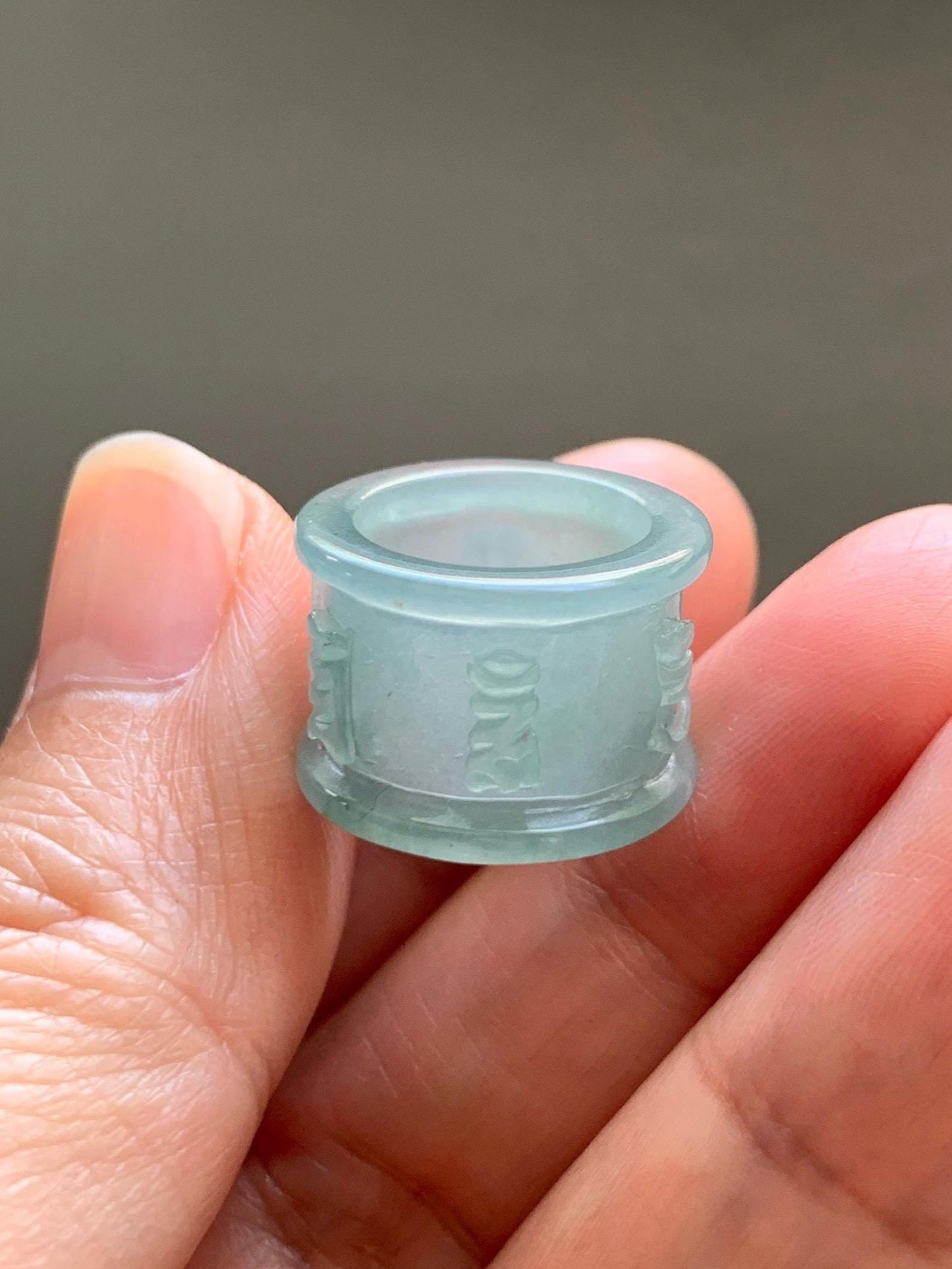 Natural Grade A Guatemalan Icy Translucent Light Teal Jade Jadeite Six Word Mantra Band Ring Pendant & Barrel Bead 天然冰危浅蓝绿翡翠六字戒桶珠 WLZ160B