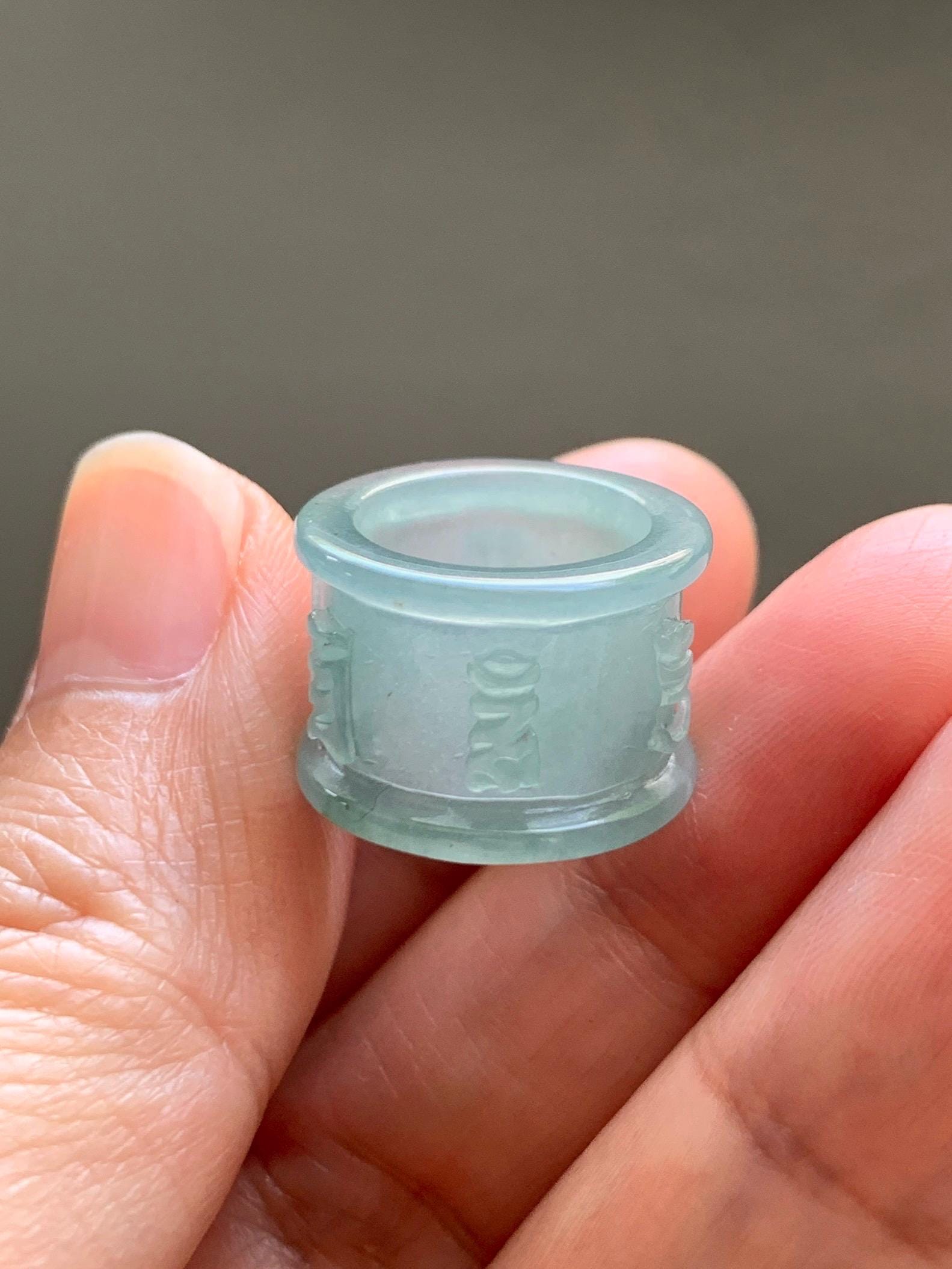 Natural Grade A Guatemalan Icy Translucent Light Teal Jade Jadeite Six Word Mantra Band Ring Pendant & Barrel Bead 天然冰危浅蓝绿翡翠六字戒桶珠 WLZ160B