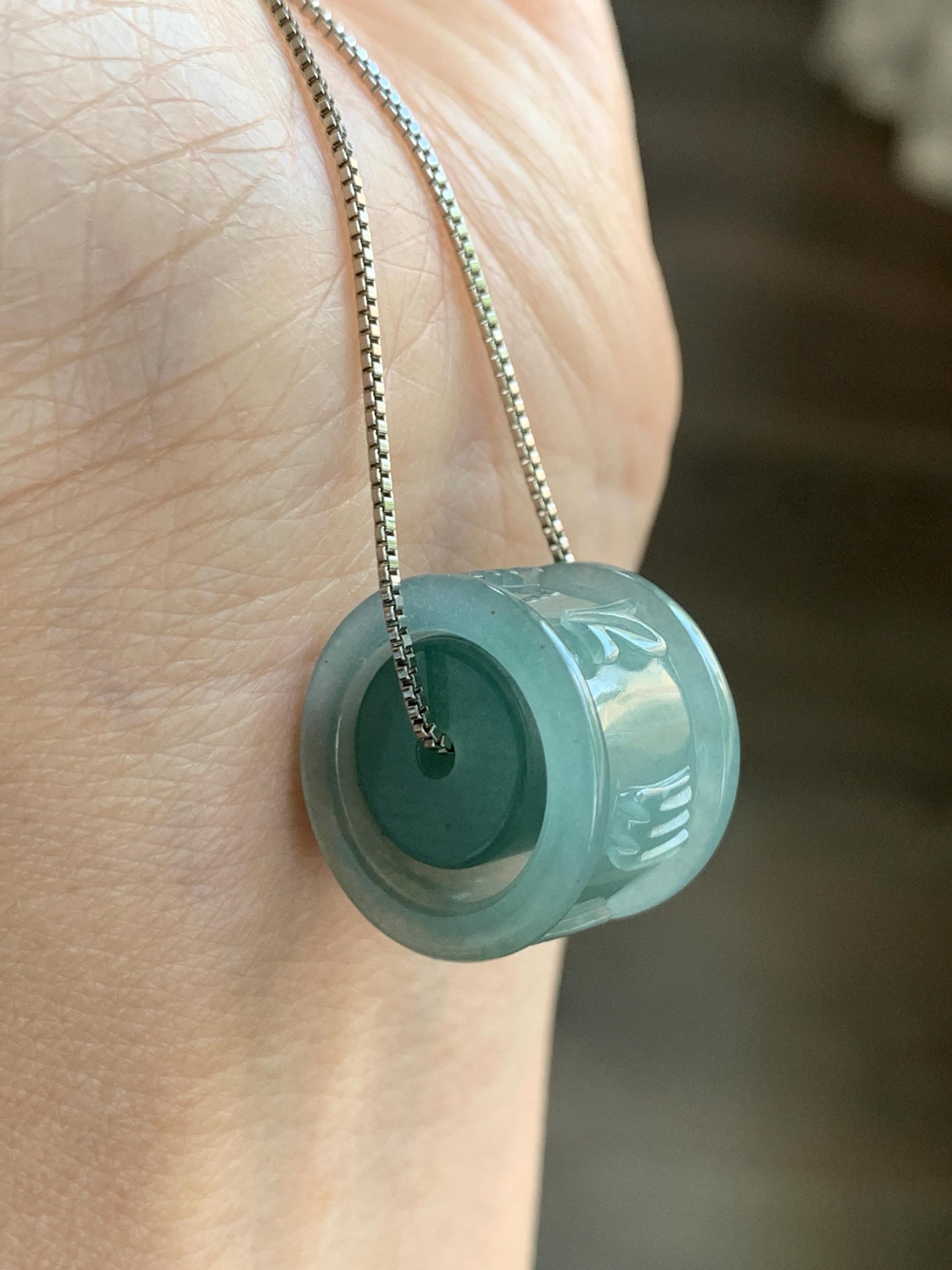Natural Grade A Guatemalan Icy Translucent Light Teal Jade Jadeite Six Word Mantra Band Ring Pendant & Barrel Bead 天然冰危浅蓝绿翡翠六字戒桶珠 WLZ160B