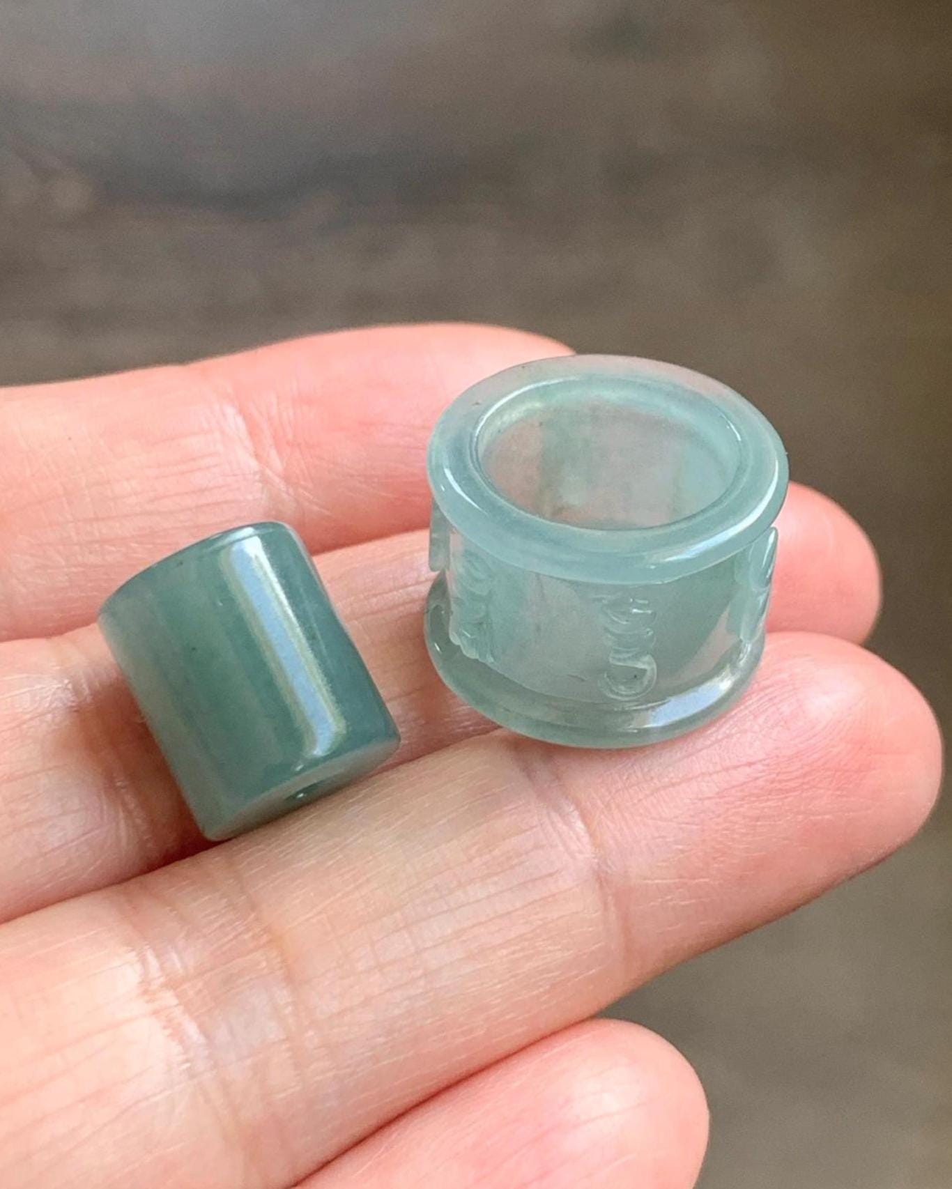 Natural Grade A Guatemalan Icy Translucent Light Teal Jade Jadeite Six Word Mantra Band Ring Pendant & Barrel Bead 天然冰危浅蓝绿翡翠六字戒桶珠 WLZ160B