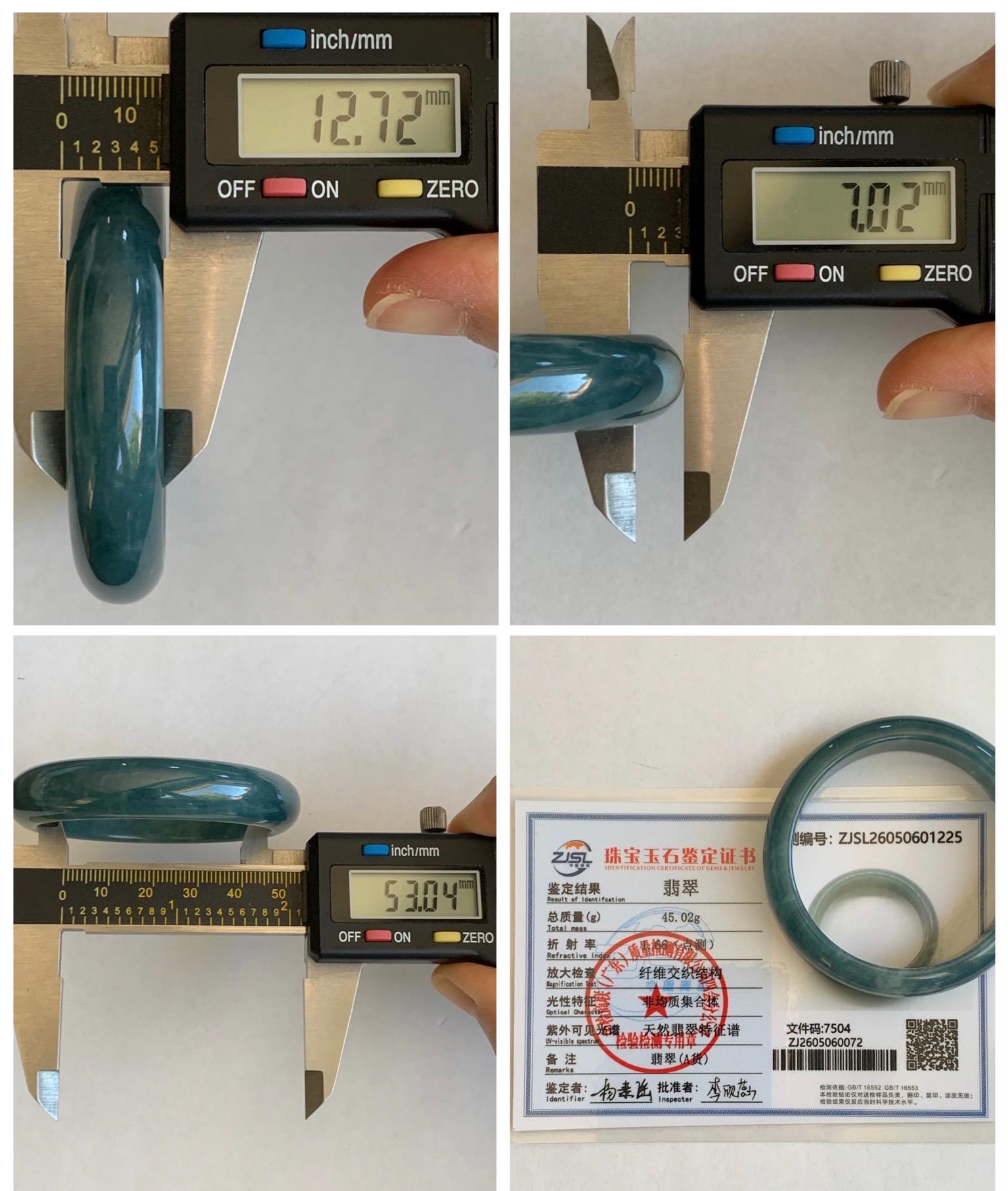 Certified Natural Grade A Guatemalan Icy Translucent Vibrant Aegean Blue Jade Jadeite Wide Bangle 53mm 6.55” 45g 天然冰危牛仔蓝翡翠正圈宽版手镯 1225