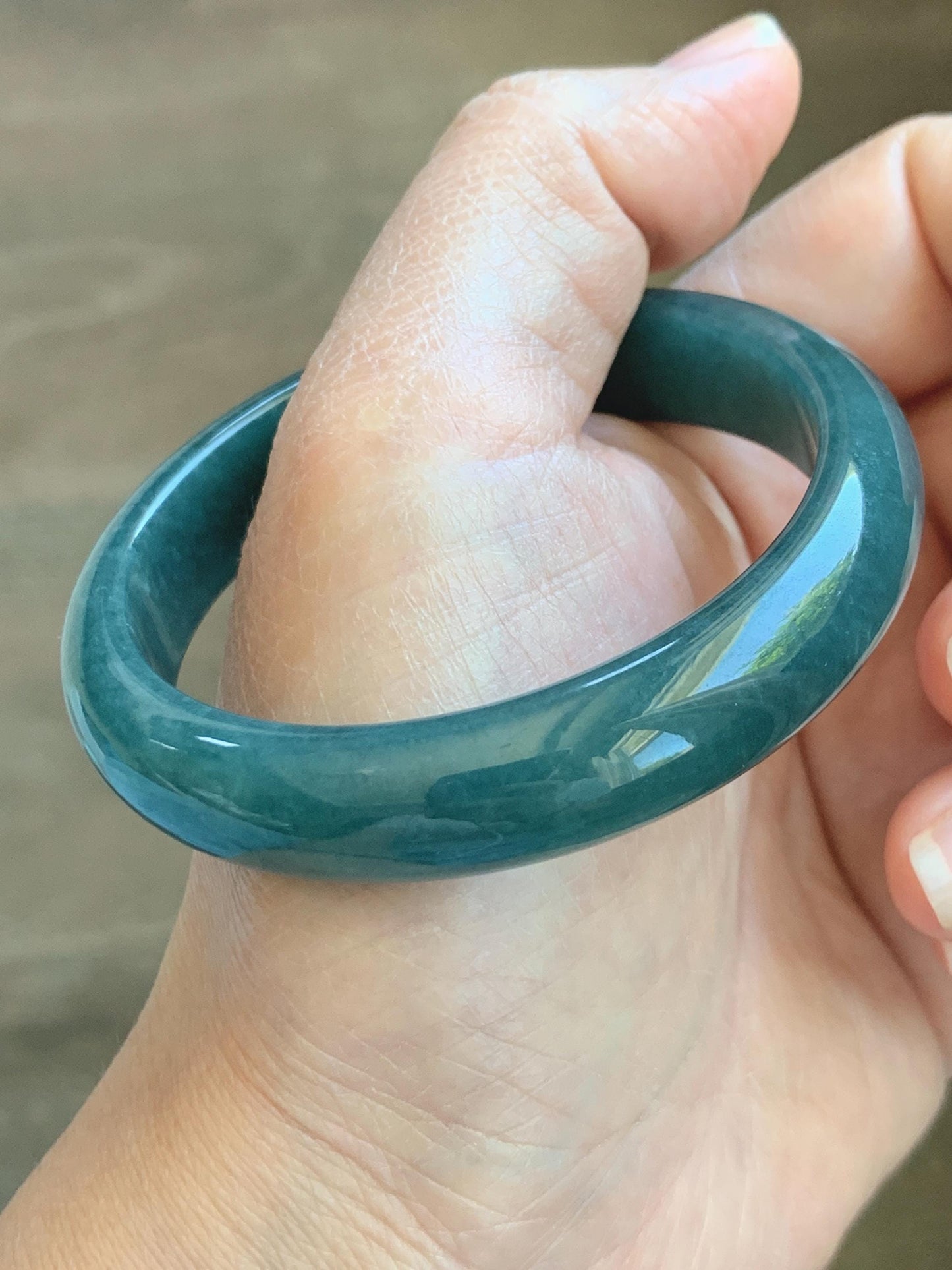Certified Natural Grade A Guatemalan Icy Translucent Dark Teal Blue Jade Jadeite Wide Bangle 53.39mm 6.6” 42g 天然冰危深蓝绿翡翠正圈宽版手镯 1230