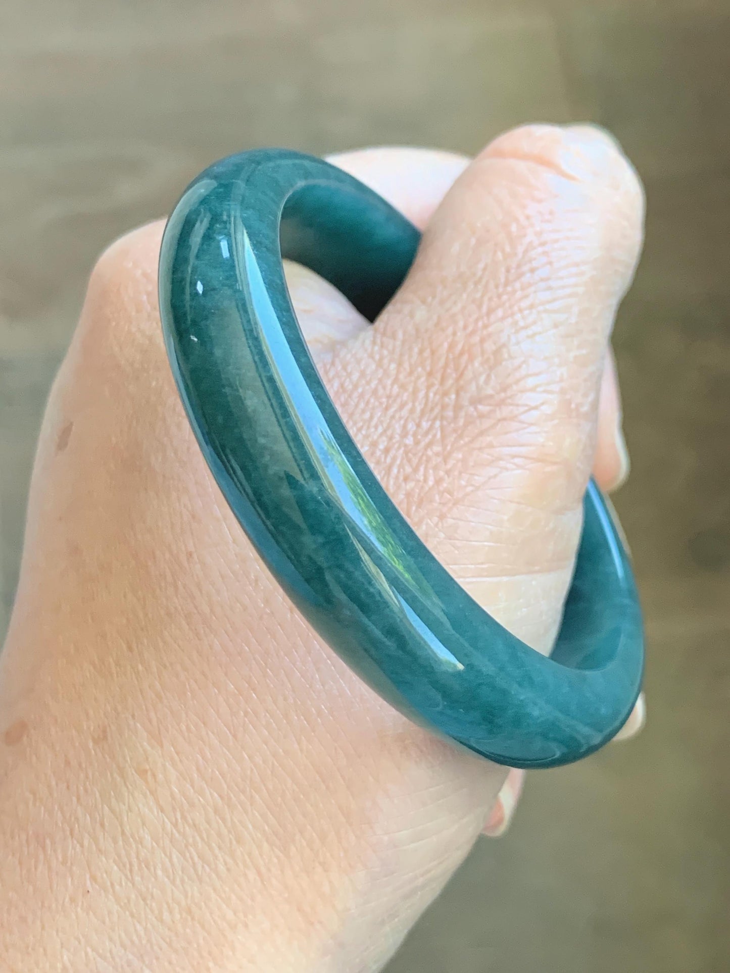 Certified Natural Grade A Guatemalan Icy Translucent Dark Teal Blue Jade Jadeite Wide Bangle 53.39mm 6.6” 42g 天然冰危深蓝绿翡翠正圈宽版手镯 1230