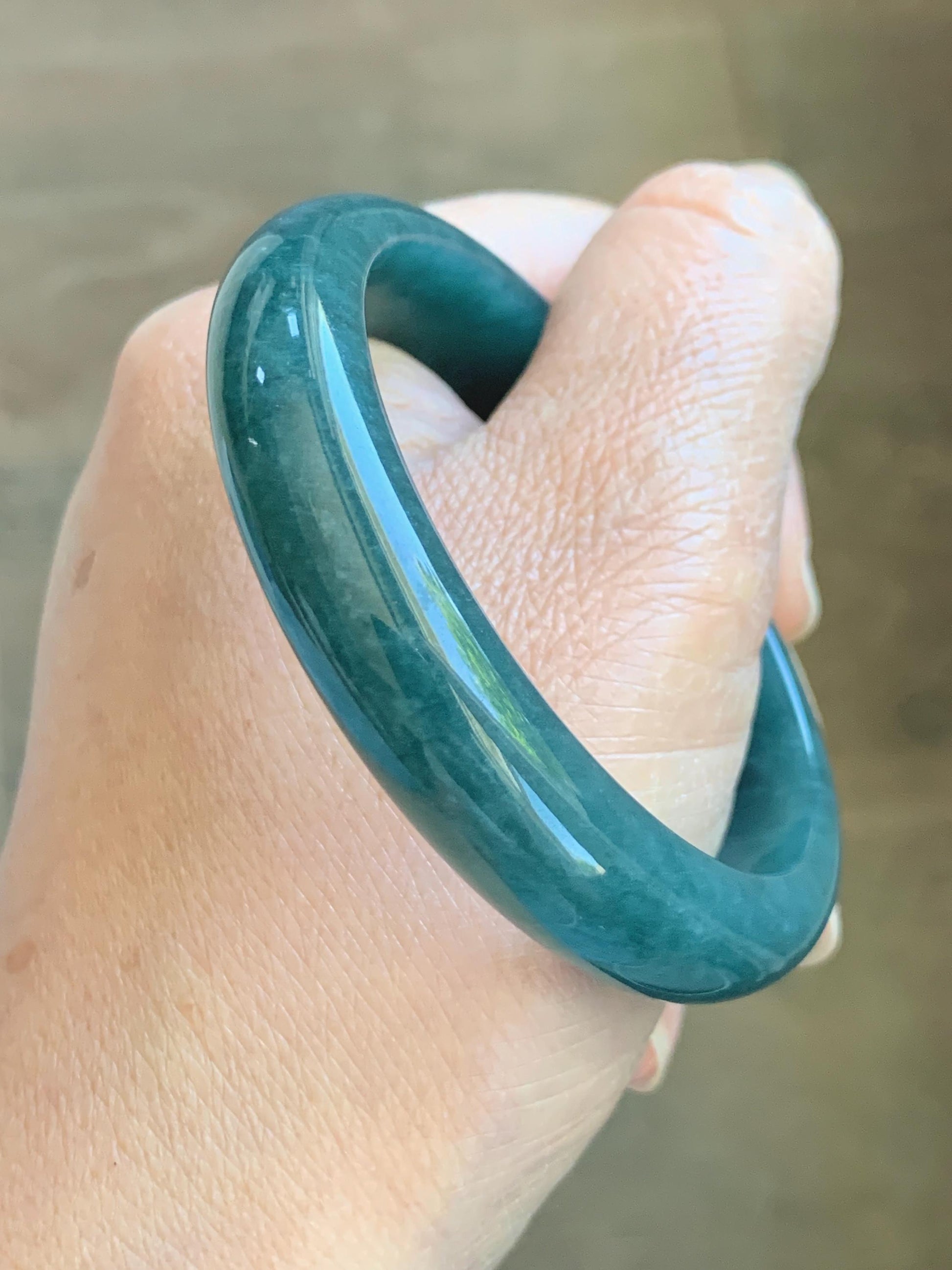 Certified Natural Grade A Guatemalan Icy Translucent Dark Teal Blue Jade Jadeite Wide Bangle 53.39mm 6.6” 42g 天然冰危深蓝绿翡翠正圈宽版手镯 1230