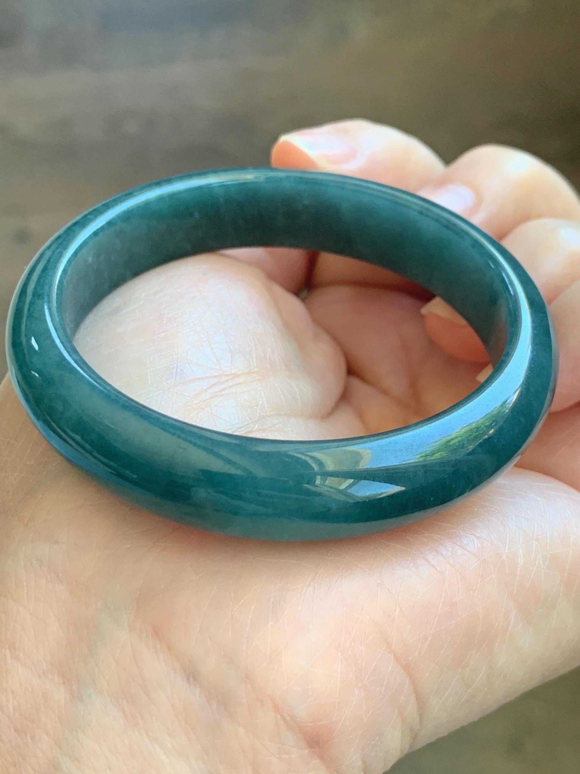 Certified Natural Grade A Guatemalan Icy Translucent Dark Teal Blue Jade Jadeite Wide Bangle 53.39mm 6.6” 42g 天然冰危深蓝绿翡翠正圈宽版手镯 1230