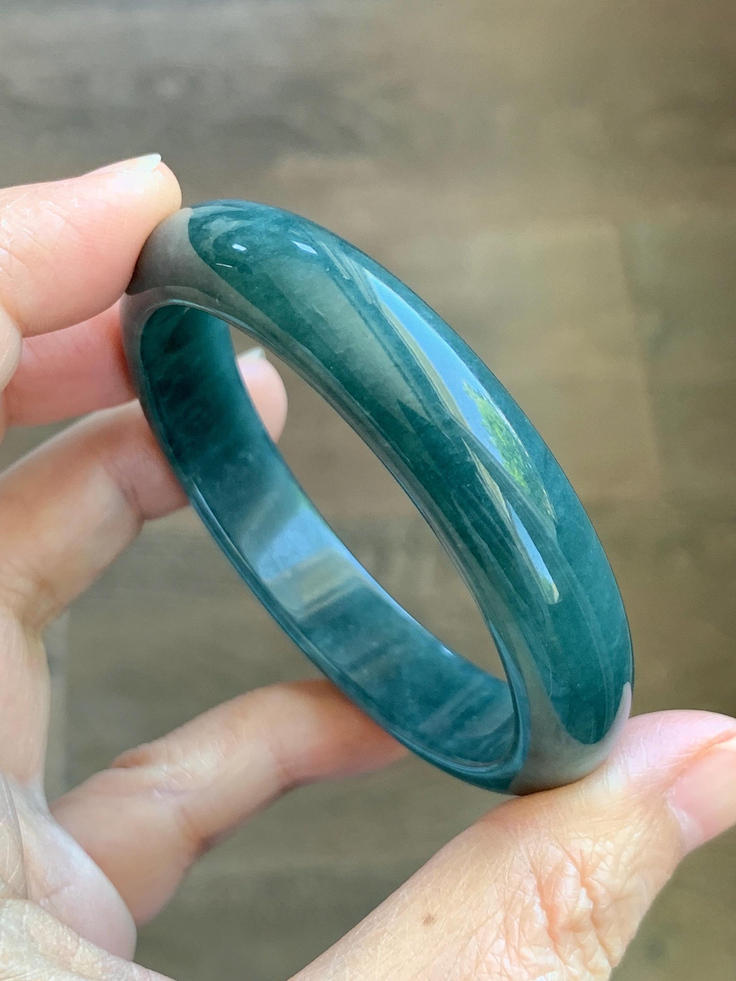 Certified Natural Grade A Guatemalan Icy Translucent Dark Teal Blue Jade Jadeite Wide Bangle 53.39mm 6.6” 42g 天然冰危深蓝绿翡翠正圈宽版手镯 1230