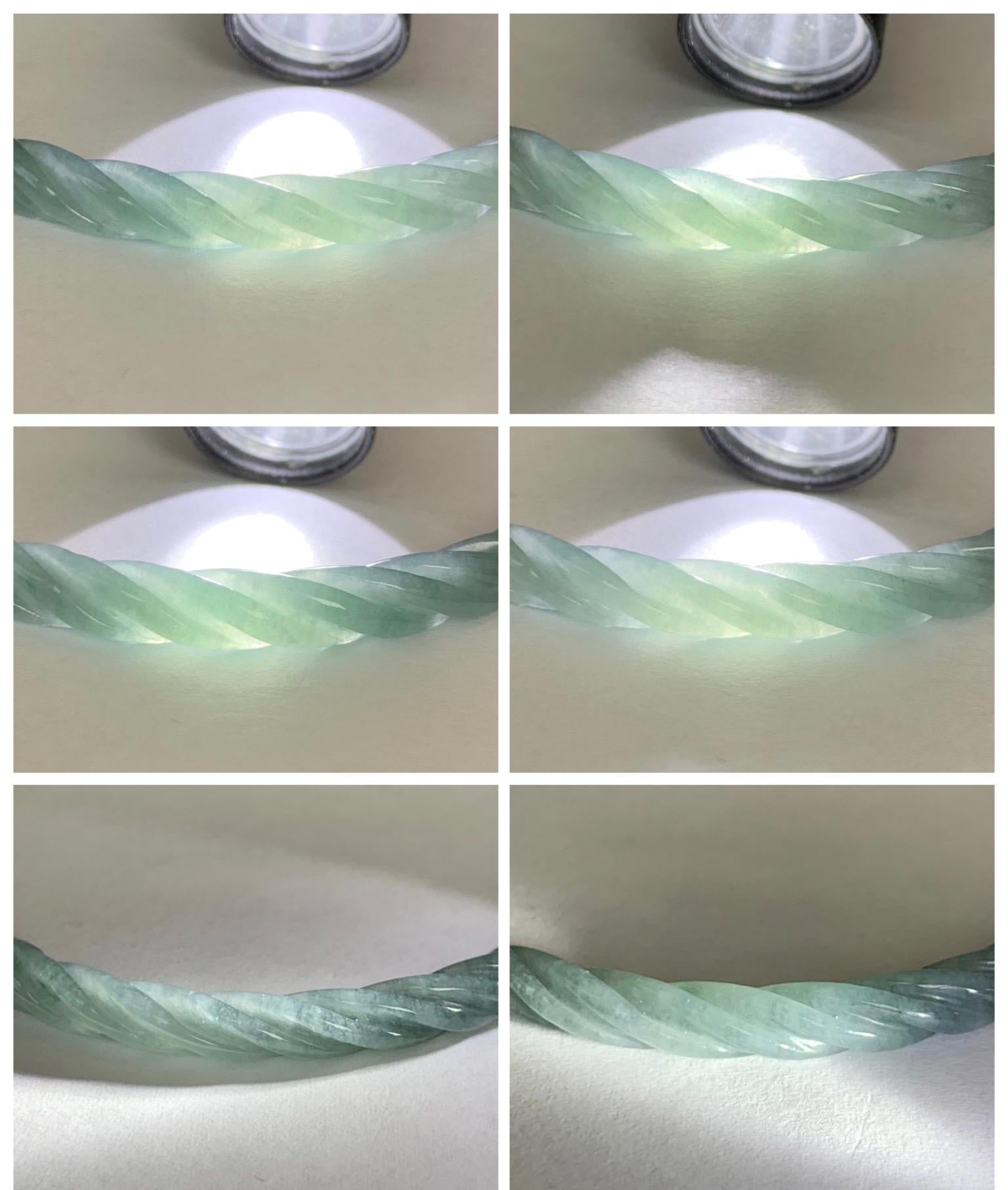 Certified Natural Grade A Guatemalan Icy Translucent Pastel Dusty Blue Jade Jadeite Carved Braid Slim Bangle 57.8mm 7.15” 天然冰危浅灰蓝翡翠细麻花手镯 480