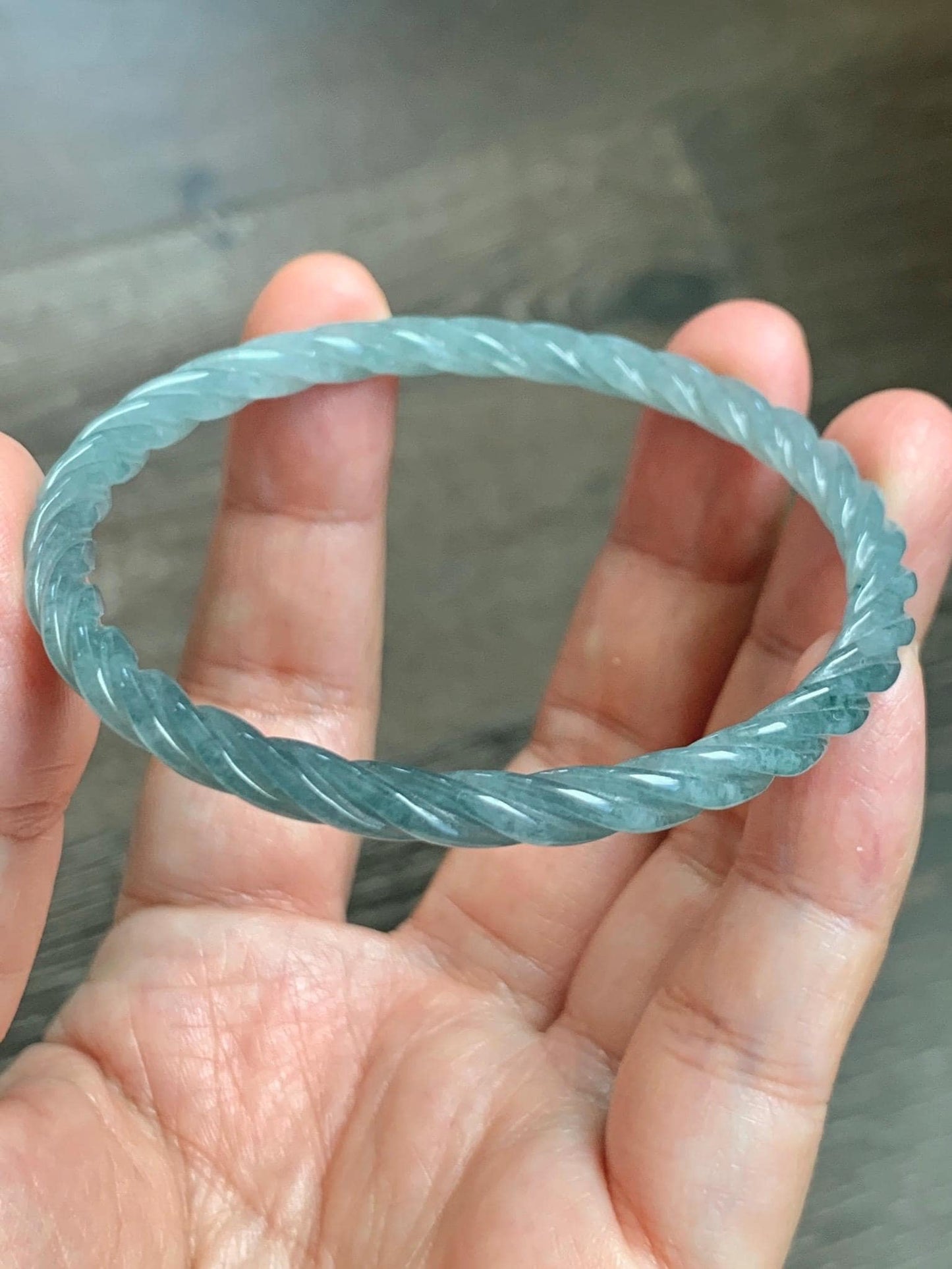 Certified Natural Grade A Guatemalan Icy Translucent Pastel Dusty Blue Jade Jadeite Carved Braid Slim Bangle 57.8mm 7.15” 天然冰危浅灰蓝翡翠细麻花手镯 480