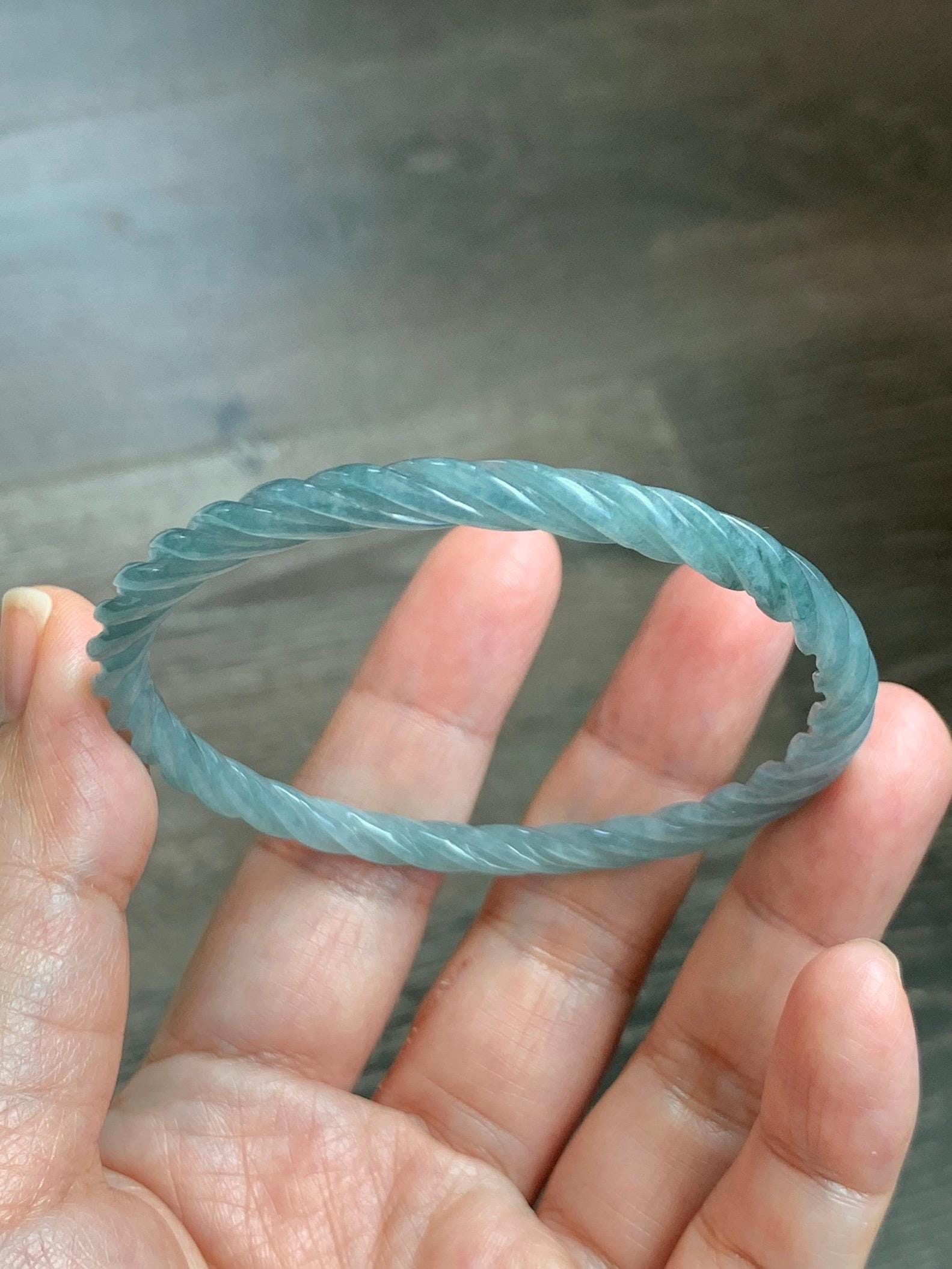 Certified Natural Grade A Guatemalan Icy Translucent Pastel Dusty Blue Jade Jadeite Carved Braid Slim Bangle 57.8mm 7.15” 天然冰危浅灰蓝翡翠细麻花手镯 480